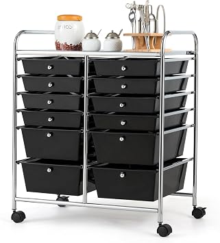 Storage Cart, 12 Drawer Rolling Organizer Cart with Large Capacity, Portable Carrying Handle & Lockable Wheels, Utility Cart for Tool Home Office School Beauty Salon Art Craft Black