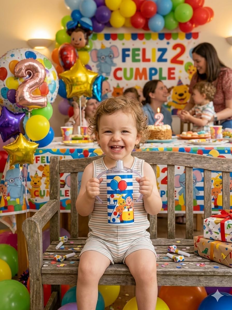 PLIM PLIM sippy cup with Cartoon Design, Colorful Confeti (Plim Plim 2do cumpleaños)