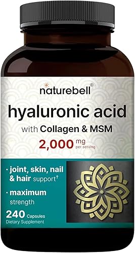 NatureBell Ácido hialurónico 2,000 mg con colágeno y MSM - 240 cápsulas - Hidratación de la piel, cabello, uñas y articulaciones - Fórmula soluble