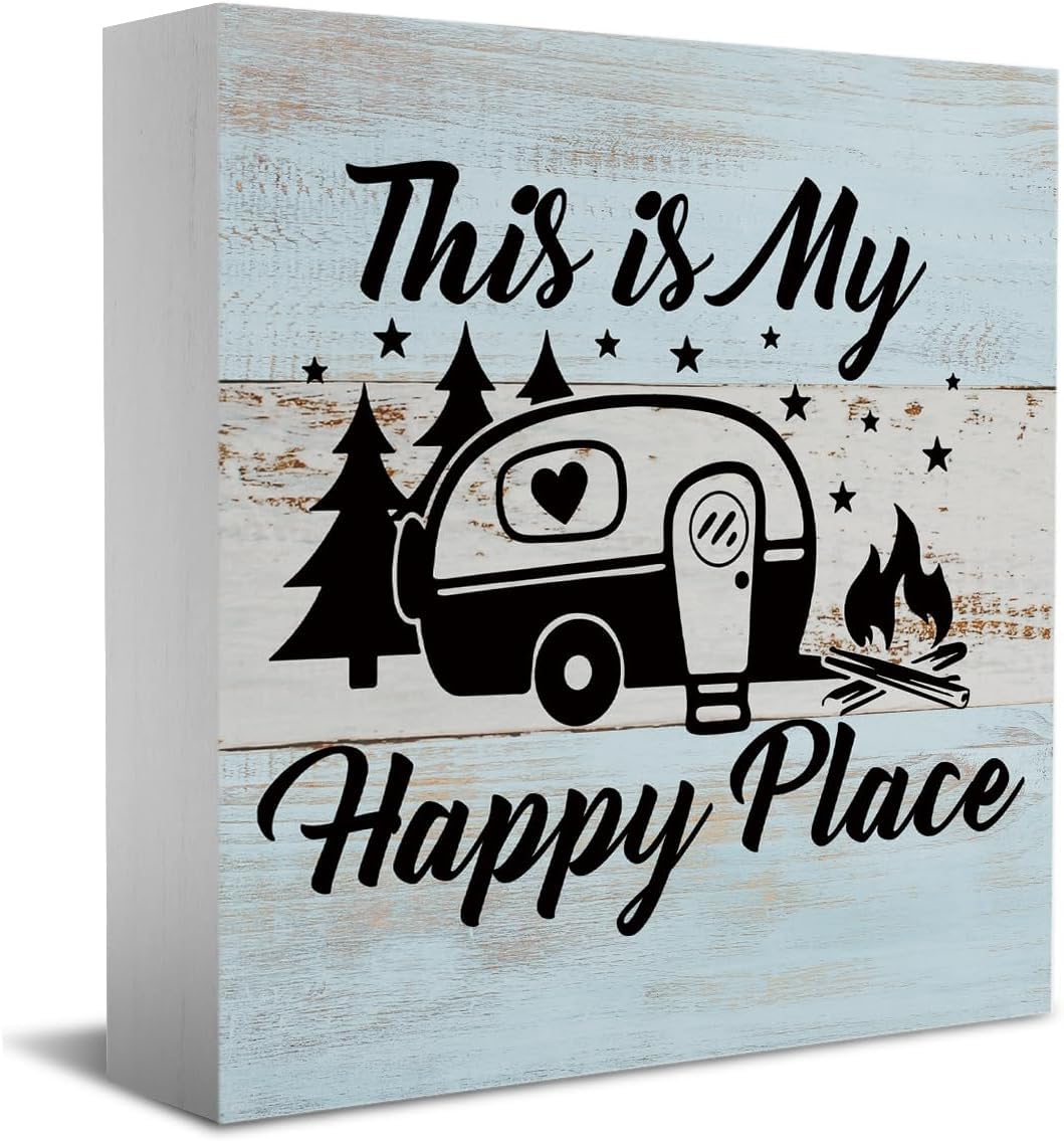 5x5 Inch Rustic Camper Box Sign, This Is My Happy Place Wood Decor