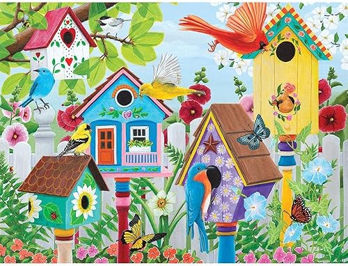 Bits and Pieces Rompecabezas grande de 300 piezas para adultos  'Birdhouse Garden' por la artista Kathy Bambeck, tamaño del rompecabezas completado
