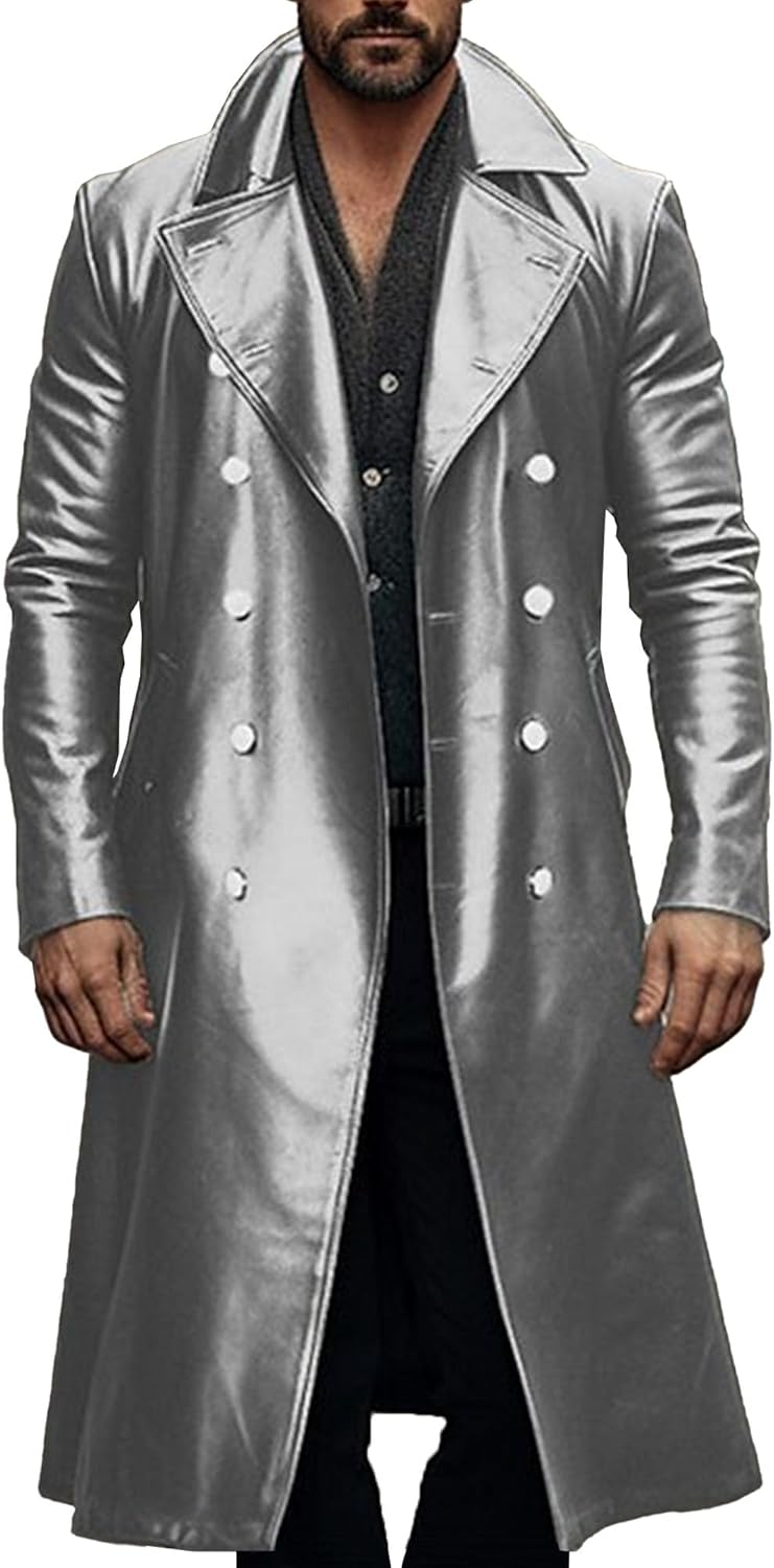 DGHM-JLMY Mens Vintage Trench Coat Military Uniform Leather Jacket Double Breasted Long Trench Coat Motorcycle Windbreaker
