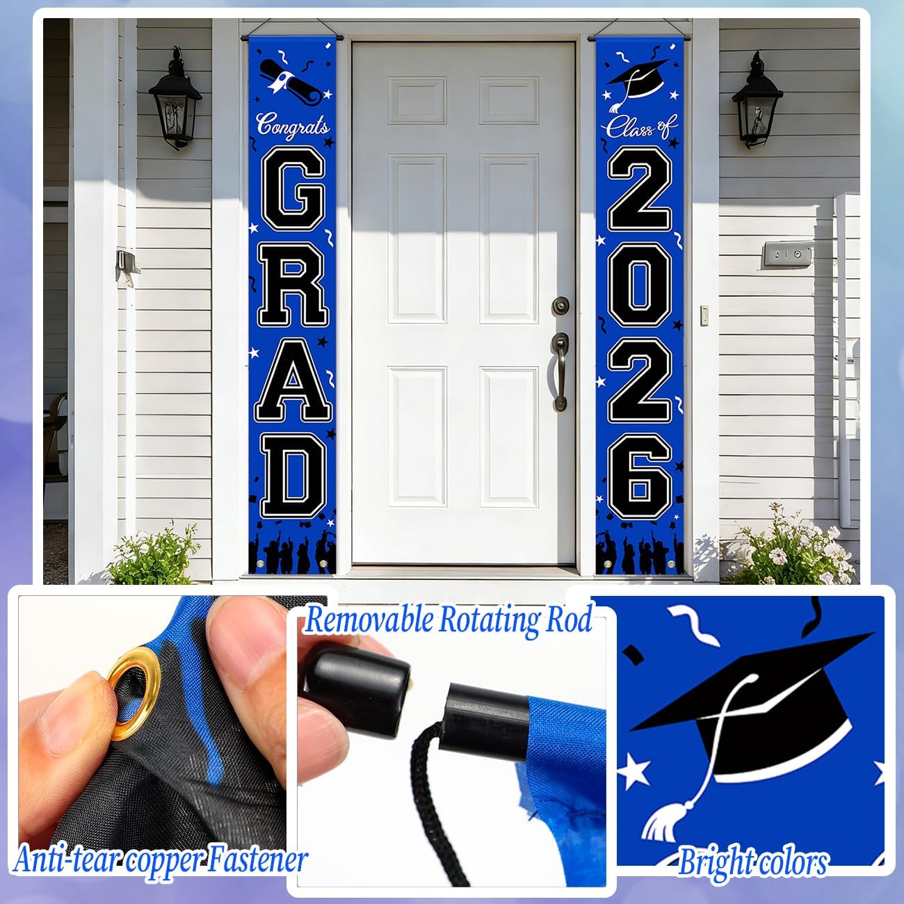 WOHOHOHO 23Pcs Graduation Decorations 2026 Set, Blue Porch Door Sign GRAD Banner, Class of 2026 Backdrop, 5 Colors Large Balloons, Hanging Party Supplies for High School College Indoor Outdoor Decor