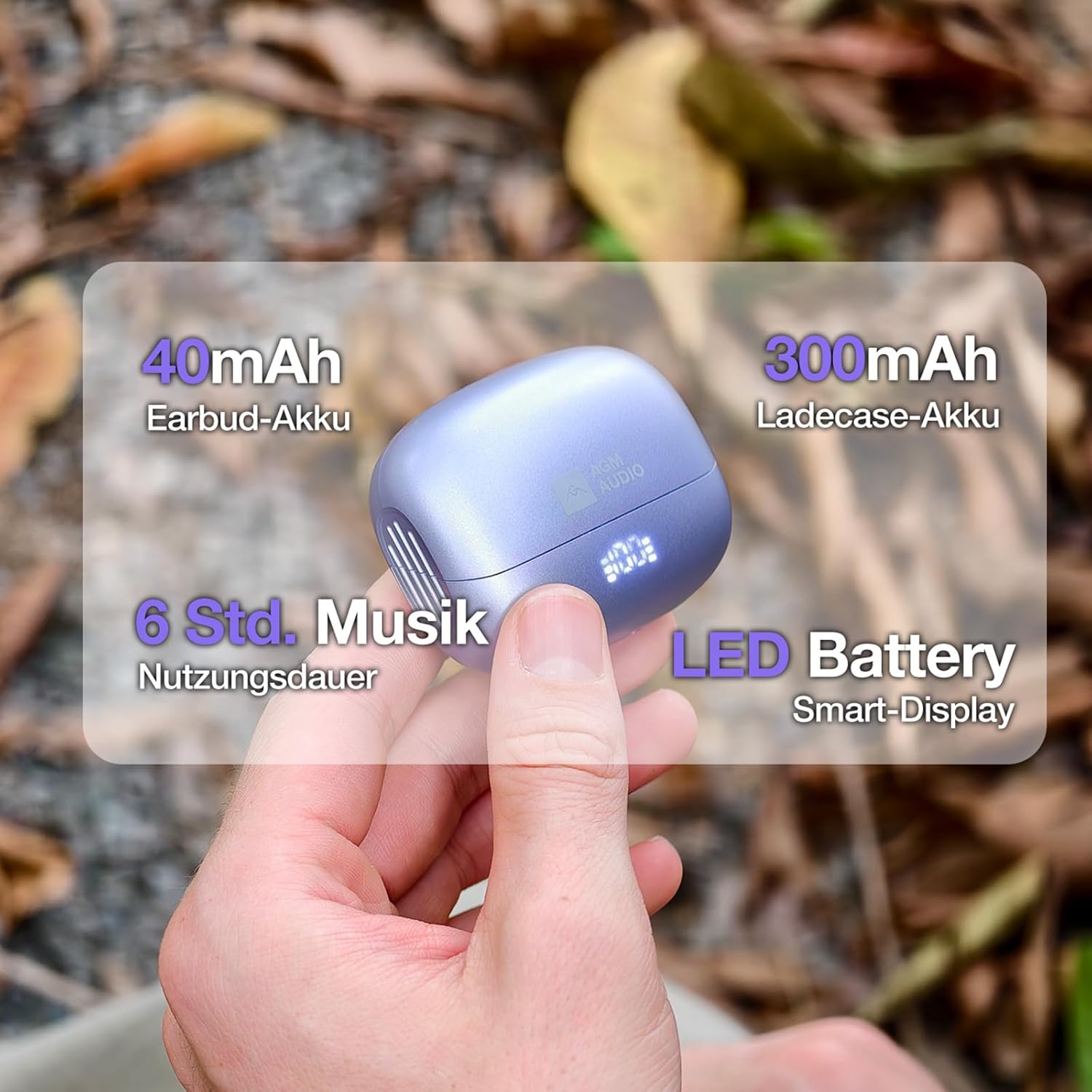AGM Motion Open Buds 1 charging case showing battery capacities and playback time