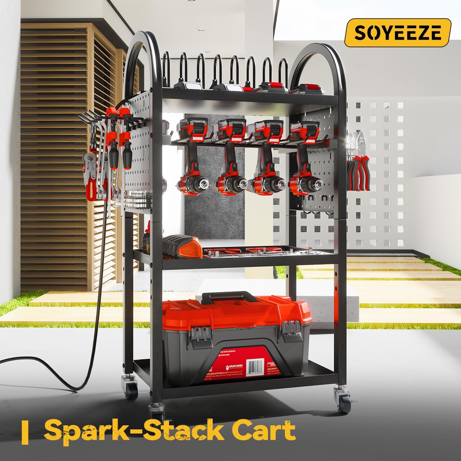 SOYEEZE Storage Cart on Wheels with 8 Outlet Power Strip, Rolling Utility Cart for Garage Organization, Power Tool Organizer with Charging Station, Tool Organizer Cart for Electric Drill/Toolbox