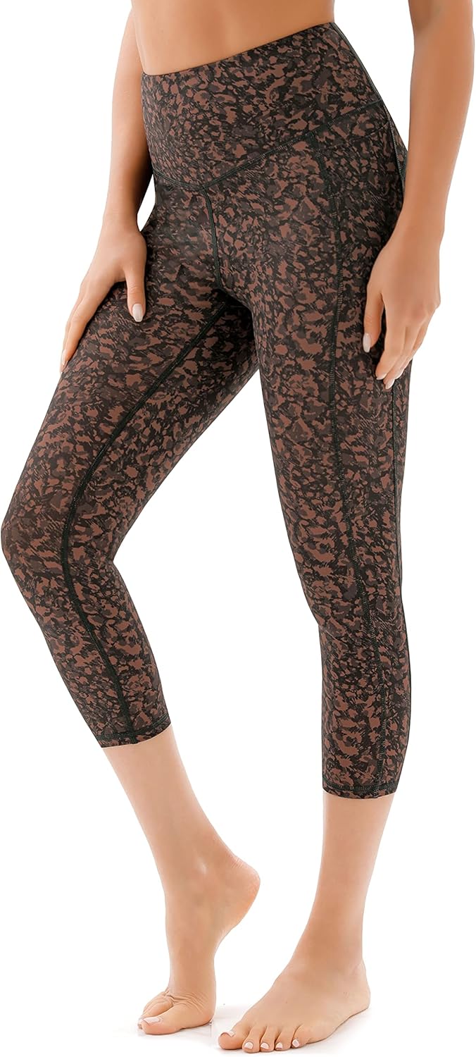 PERSIT Yoga Pants for Women Capri Leggings with Pockets High Waisted Tummy Control Leggings Workout Athletic Running Gym Exercise Pants Brown Multi M