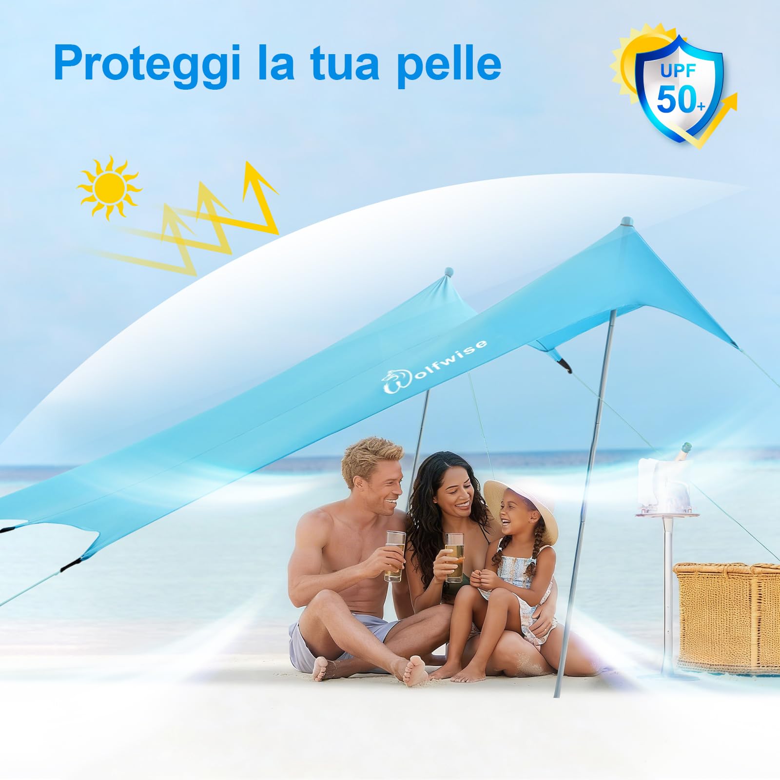 WolfWise Tenda da Spiaggia con Protezione Solare UPF50+, 3 x 3 m Tenda da Spiaggia con Ancoraggio di Sabbia