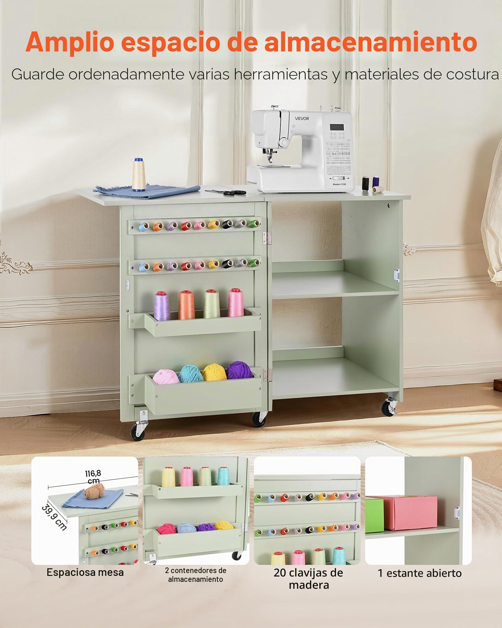VEVOR Mesa de Costura Plegable, con Diseño Compacto, Compartimentos de Almacenamiento, Abrazaderas de Madera y Cierre Magnético, para Estudio de Moda, Estudio de Arte y Hogar, Color Verde Claro