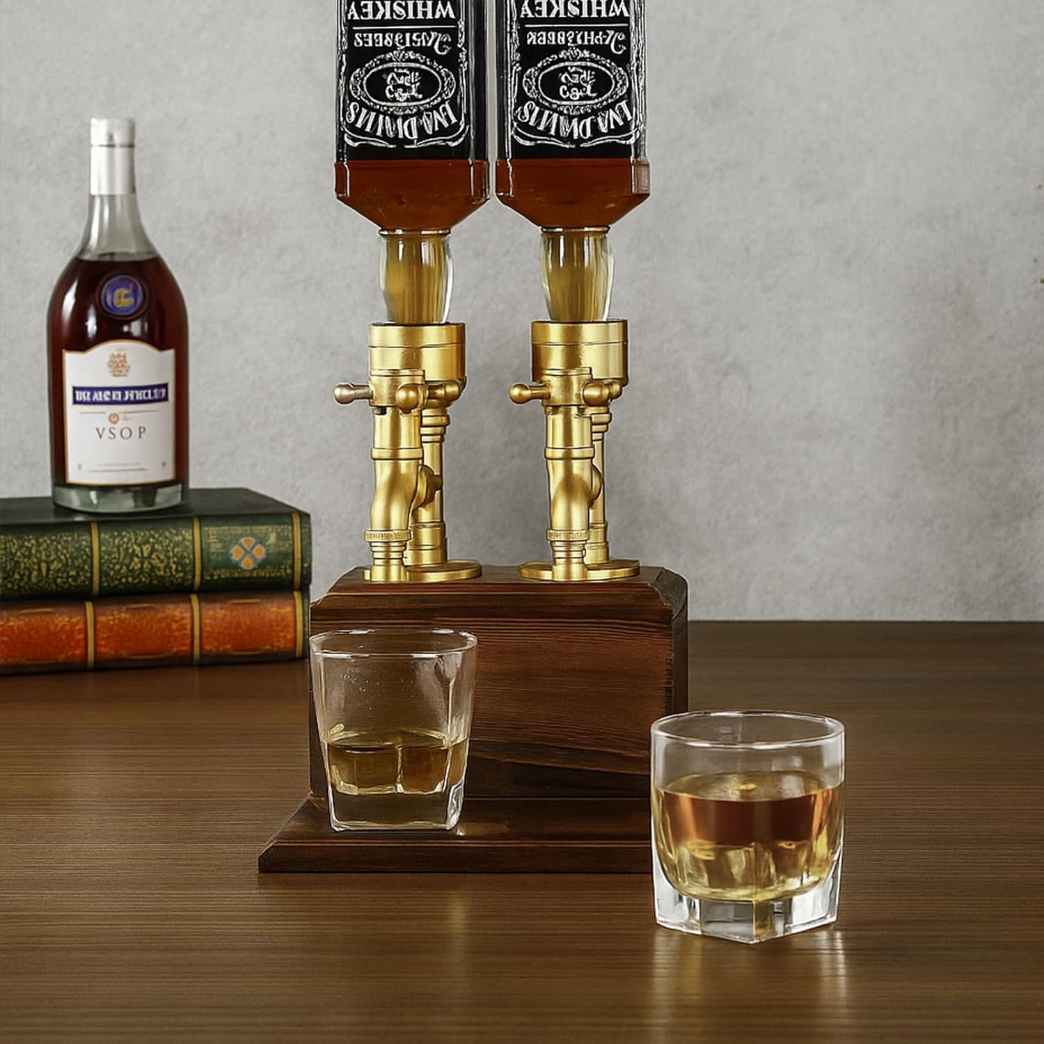 Steampunk Whiskey Dispenser with Wood Base & Brass Tap | Industrial Mancave Bar Decor & Home Bar Accessory | Dual Tap Version | Unique Gift for Him, Father’s Day, Birthday