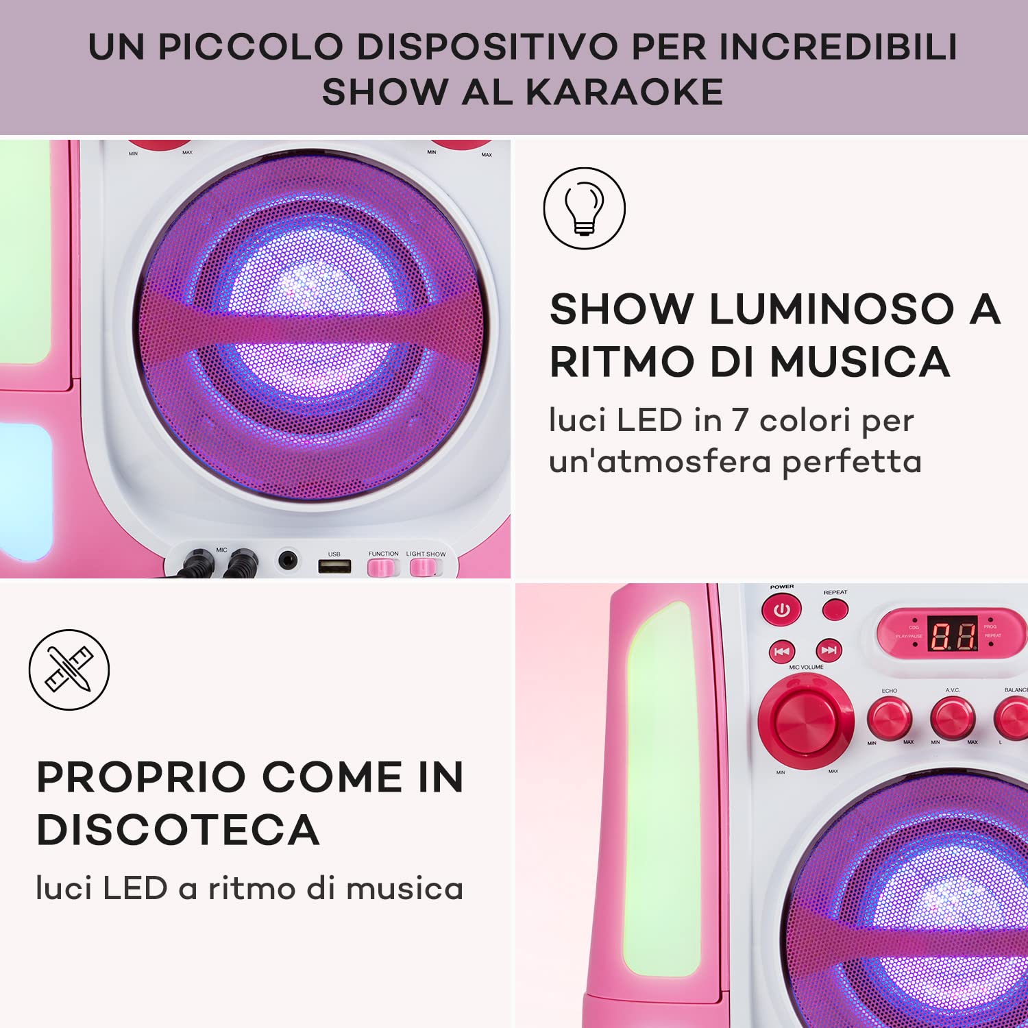 AUNA Kara Illumina - Kit Karaoke, 2 Microfoni Dinamici, Lettore CD+G , Top Laoding, Capacitá MP3, Uscita Video, usicta Audio, Effetto Eco, Funzione AVC, Rosa-Bianco