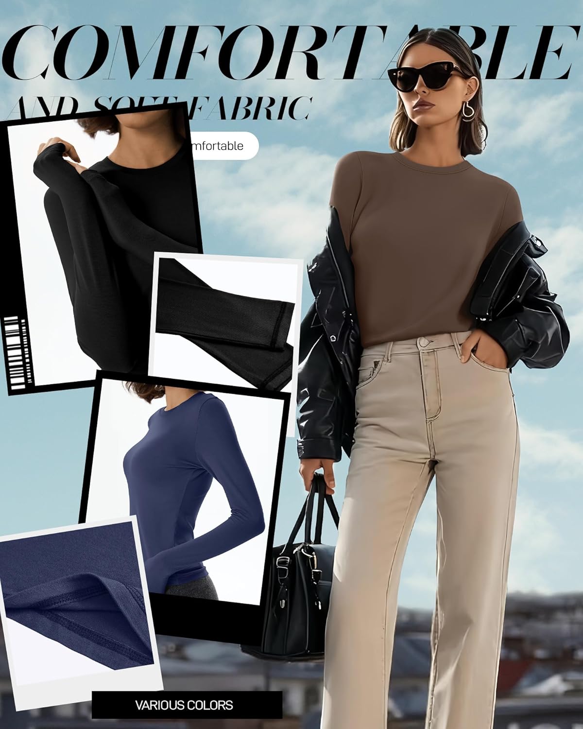 3 Pack Women's Long Sleeve Shirts Cotton Blend Crew Neck Tops Slim Fit Basic Tee Stretchy Casual Tight Tshirt 2025(Black, Coffee, Gray Blue,Small) - Image 4