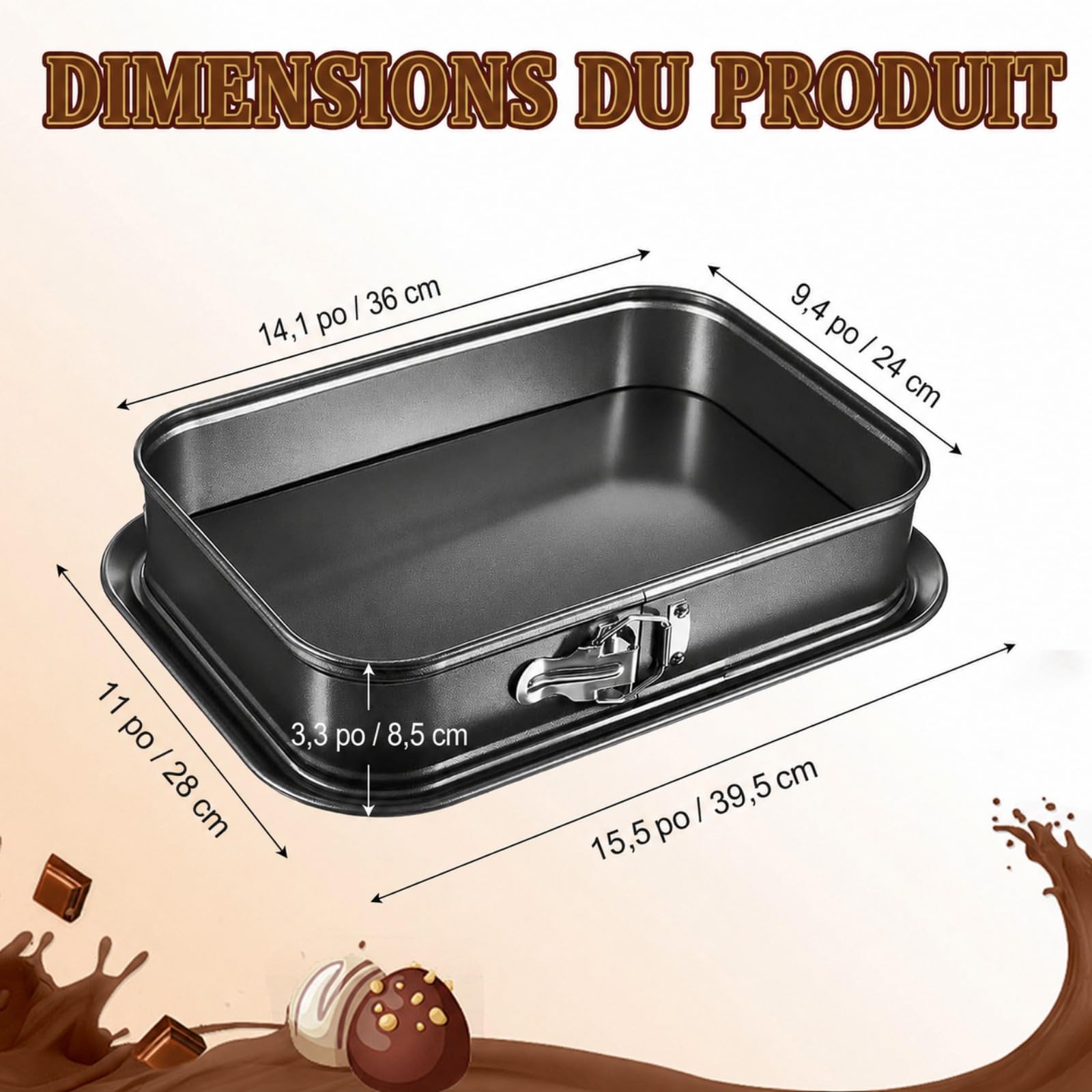 Juego de 2 moldes con bisagras rectangulares antiadherentes, molde para tarta de queso 36 x 24 cm, molde para tartas con fondo extraíble, impermeable, ideal para tiramisú, hielo, pastelería para casa