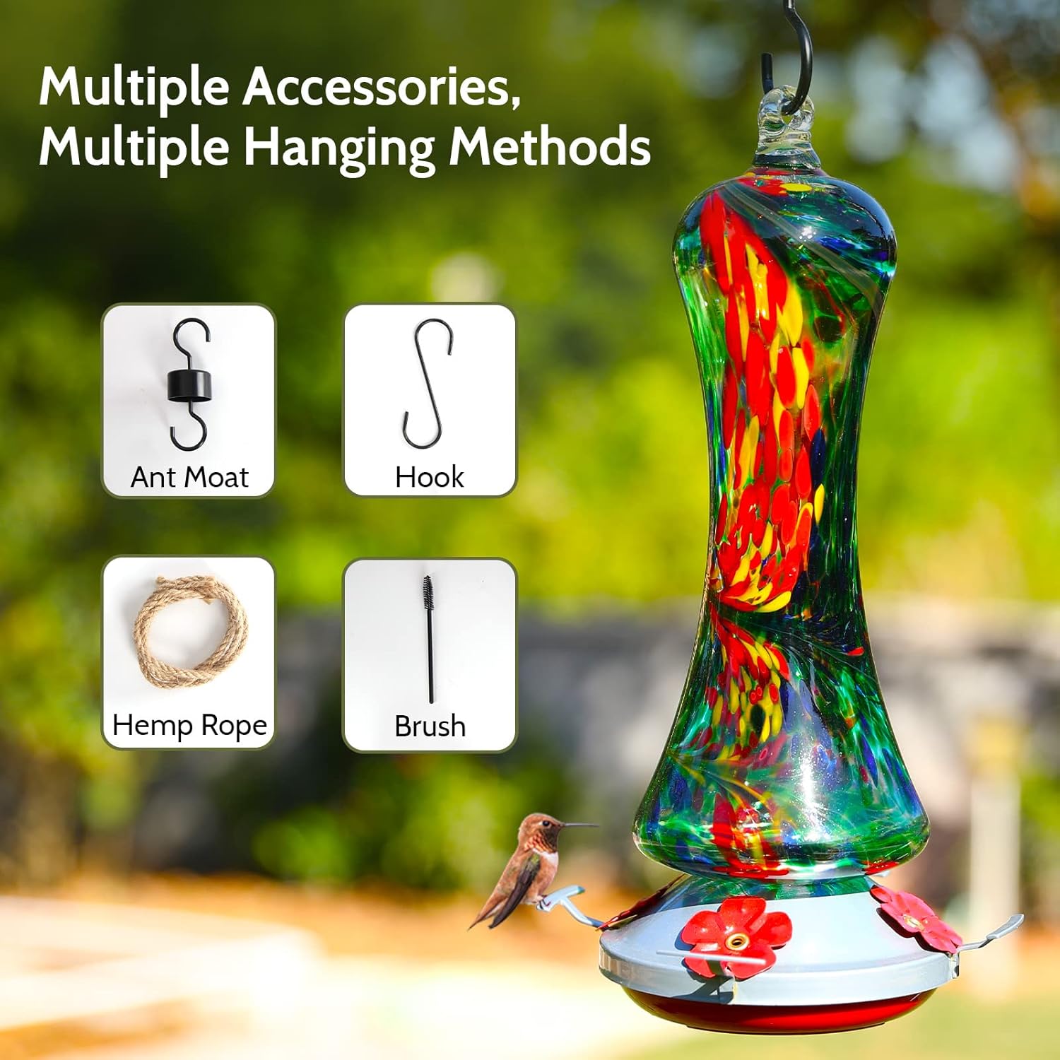 Glass Hummingbird Feeder for Outdoors: Window Hanging Hummingbirds Gifts for Women - Ant Moat Included, Metal Base with 4 Feeding Ports & Perch, Leak Proof, 38 fl.oz, Best Garden Decor