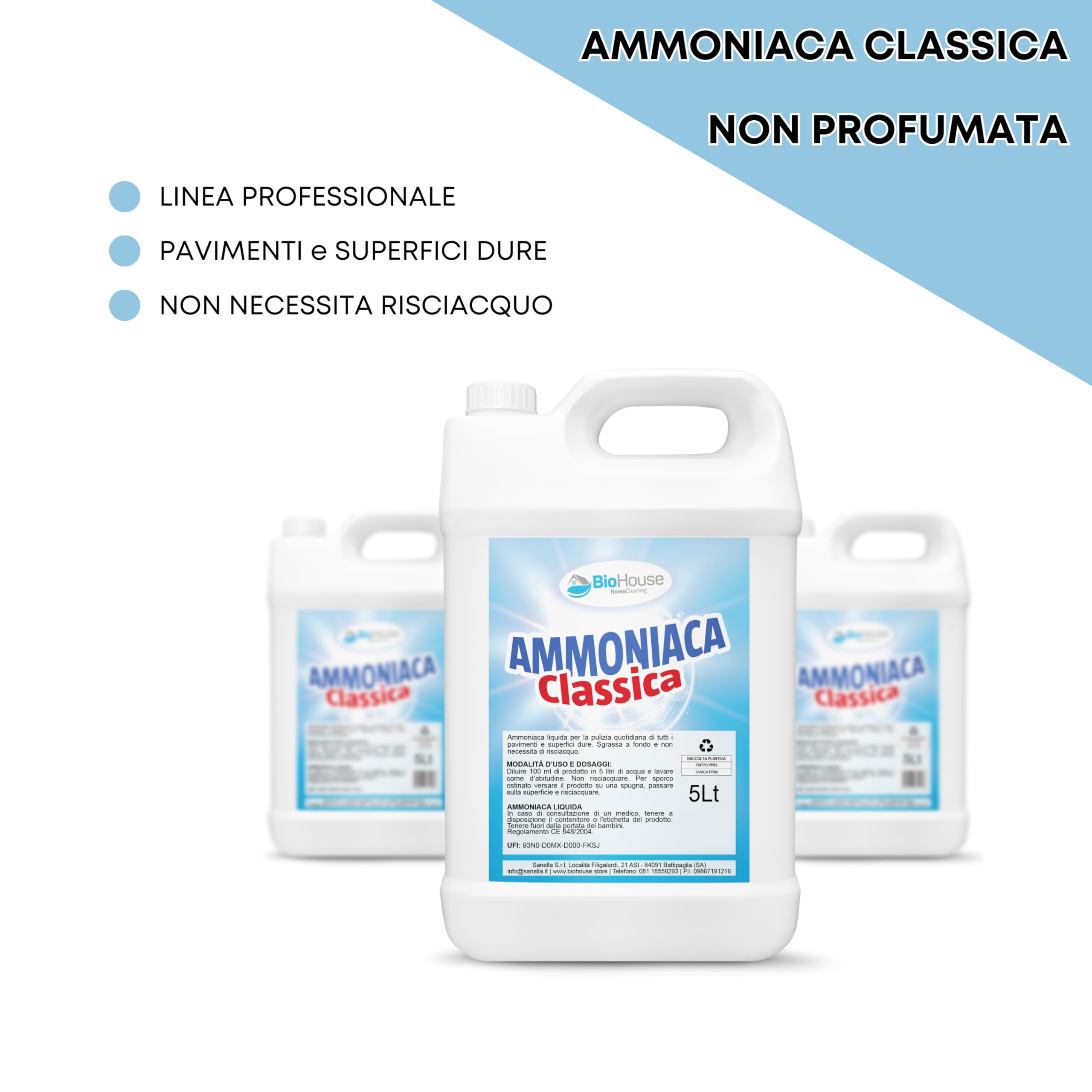 Ammoniaca 5 Litri Ammoniaca Liquida per Pavimenti e Superfici Dure. Sgrassa e Non Necessita Risciacquo Detersivo Pavimenti Profumato (1 Pezzo, Classica)