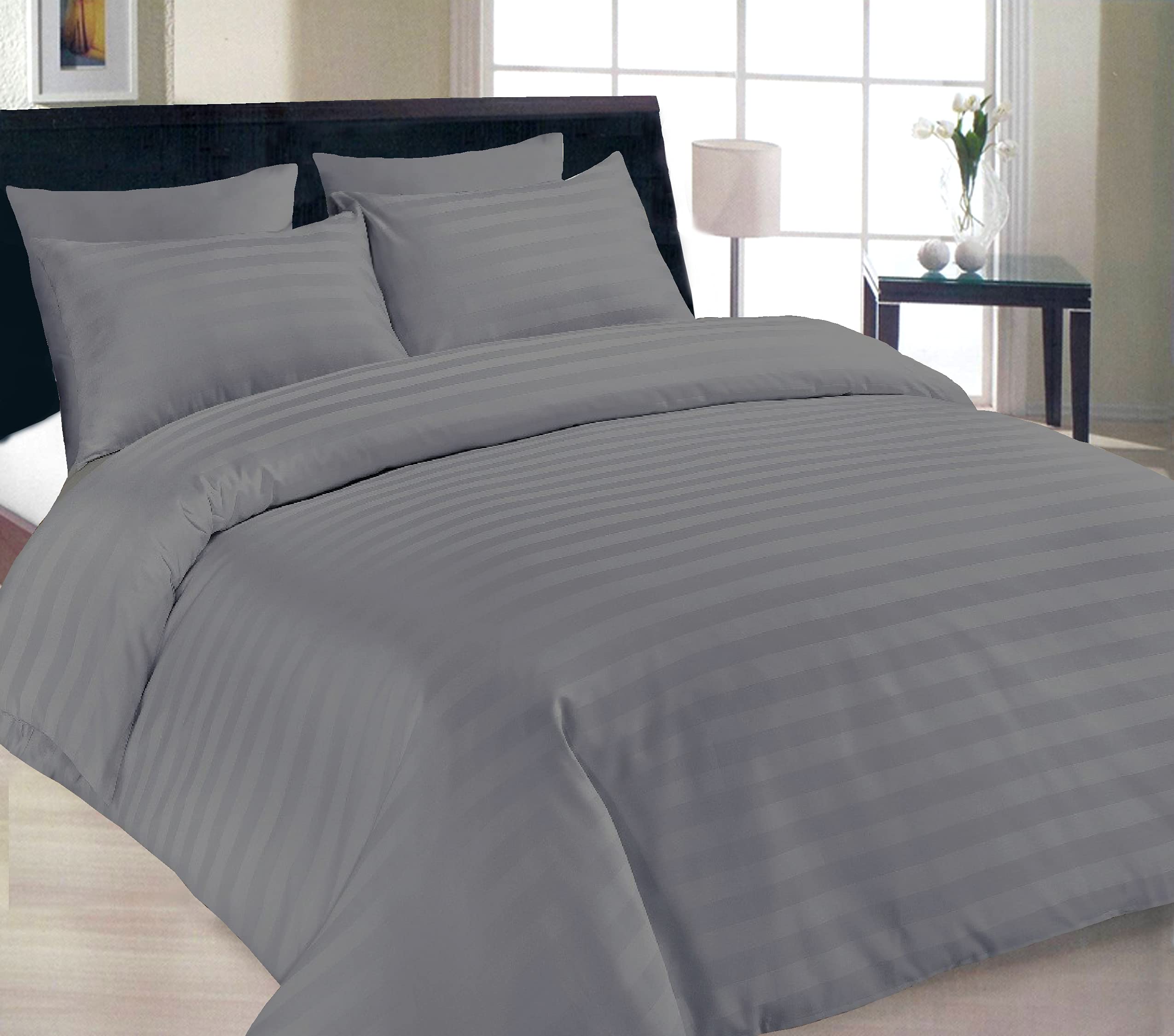 LIZZIE JACOBS 400 Thread Count Satin Stripes Duvet Cover Sets Super Soft Luxurio Egyptian Cotton Hotel Quality Quilt Covers Bedding Sets ( , Double Duvet Set), Grey, Us 100