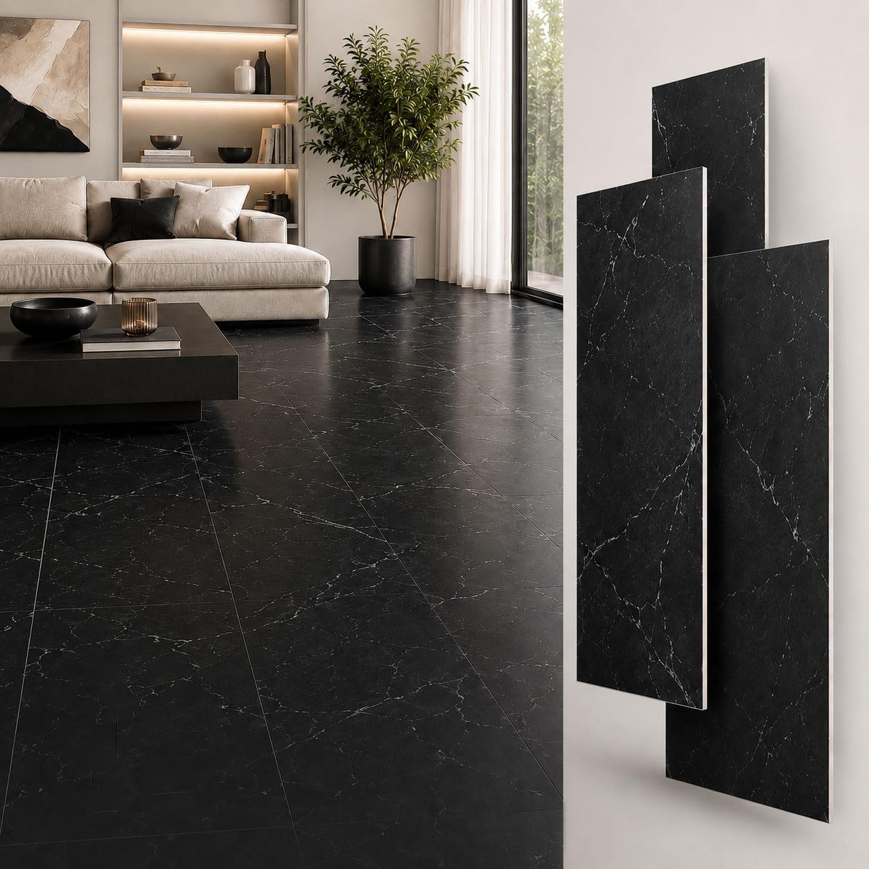 SPC Klick Revêtement de sol en vinyle imperméable 4 mm 60 x 30 cm 12 carreaux 2,16 m² Revêtement de sol intérieur Marbre noir 1 m²