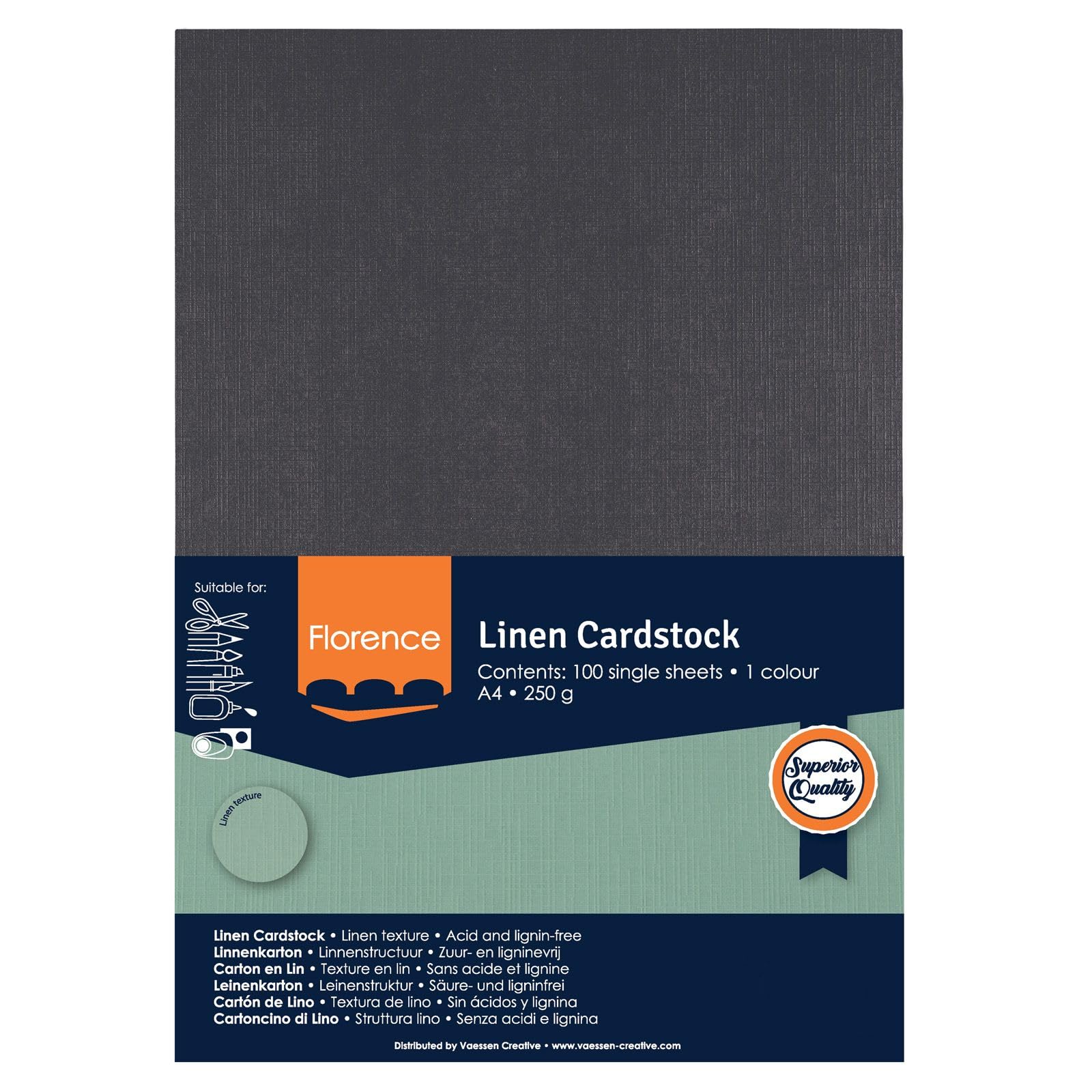 Florence Tonkarton A4-100 St. mit Leinen Struktur Schwarz 250 g - Scrapbooking Bedarf und Bastelpapier für Kartenbasteln, Scrapbooking und Journaling - Reißfest Buntpapier