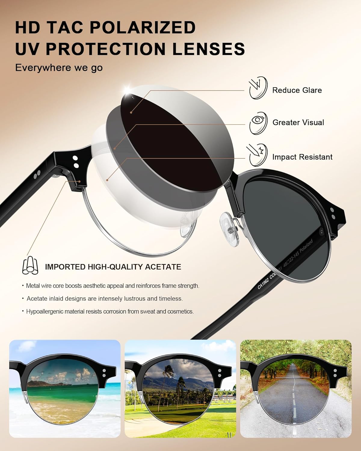 CARFIA Retro Round Polarized Sunglasses For Men, Acetate Semi-Rimless Frames Driving Sun Glasses UV 400 Protection - Image 4