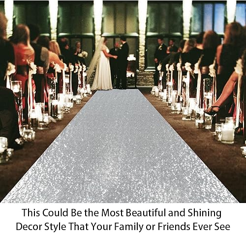 Miniatura 5 de ShinyBeauty Camino de pasillo de lentejuelas de 4 x 20 pies, color plateado, para ceremonia de boda, alfombra de piso brillante, tela de lentejuelas