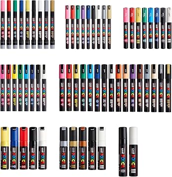Posca Exclusive Acrylic Paint Markers Gift Set of 62 with Case, Great for Kids and Adults, For Coloring Decorations, Canvas, Glass or Wood, Includes 350, 1MR, 1M, 3M, 5M, 7M, 8K, 17K