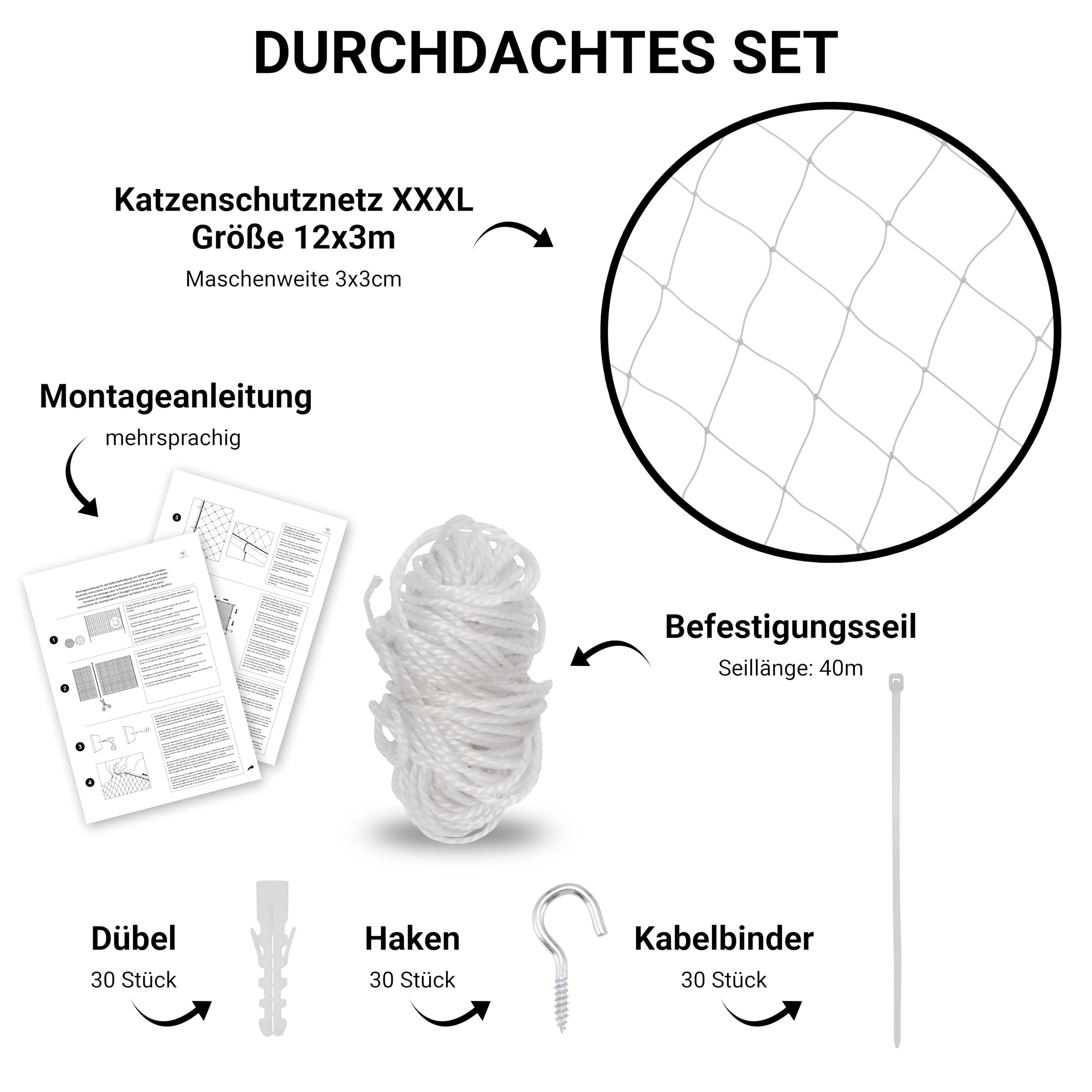 Katzennetz 12x3 Meter für Balkon transparent inklusive Befestigungsmaterial, Katzenschutznetz Katzengitter Schutznetz Sicherheitsnetz Balkonnetz für Katzen, Katzennetz für Balkon ohne Bohren