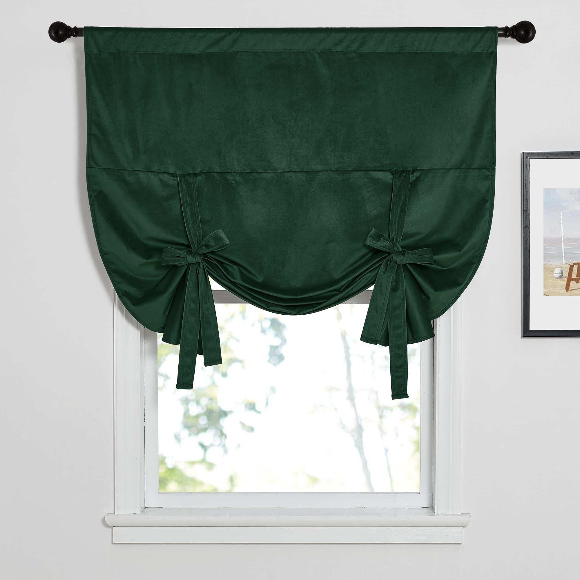 NICETOWN Velvet Tie Up Curtain for Small Window, Thermal Insulated Rod Pocket Treatment Tires for Bathroom, 46" x 63", Green