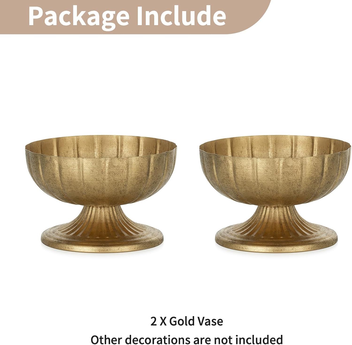 NUPTIO Gold Compote Vase for Centerpiece: 8.5" Wide Short Pedestal Footed Bowl for Flowers - Distressed Brass Urn for Decorative Wedding Table Set of 2