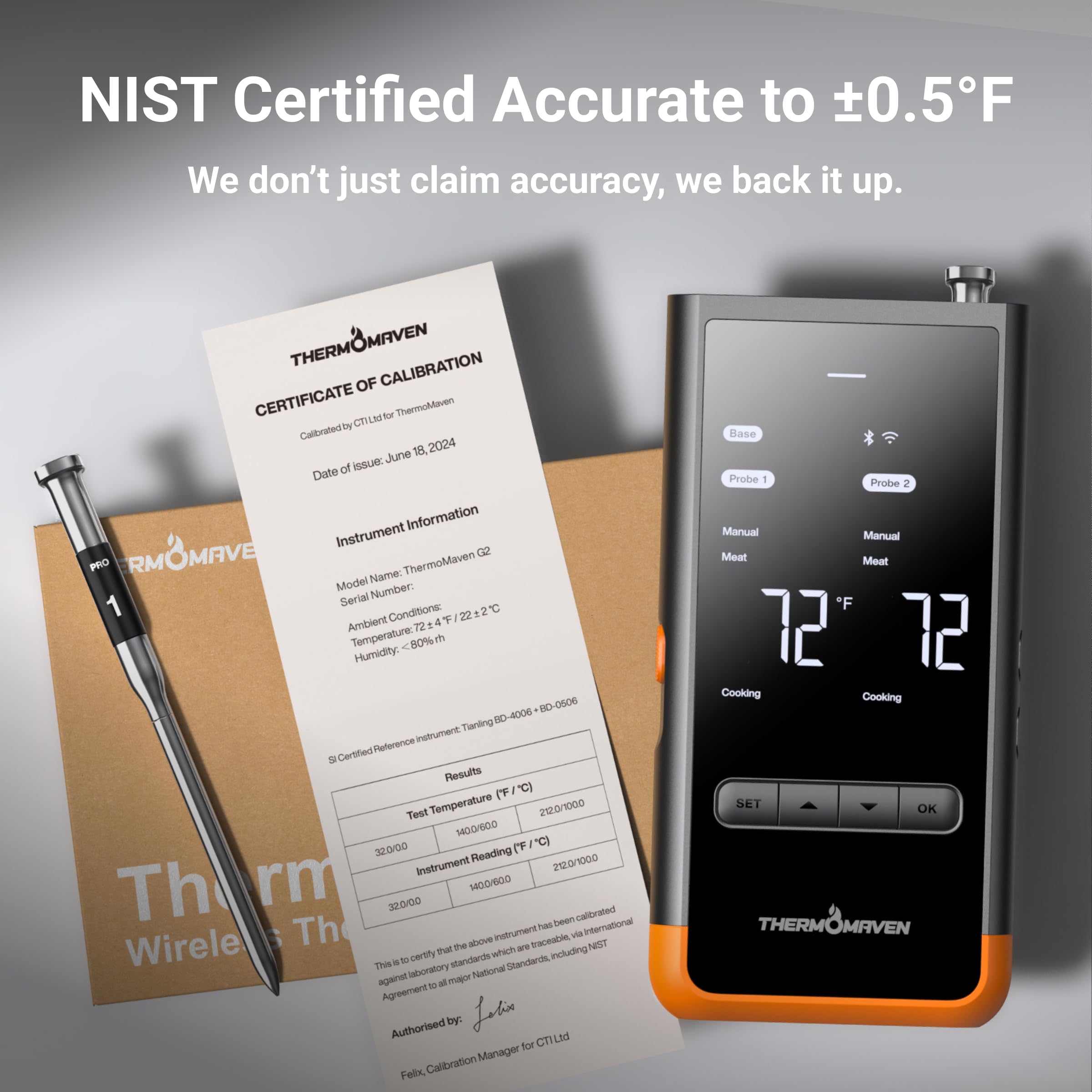ThermoMaven Sub-1G Wireless Meat Thermometer, 2 Probes WiFi Thermometer | 3000FT Open Range, Smart App + Base Control, 6 Sensor NIST ±0.5°F Accuracy, BBQ Smoker Grill Oven, Brisket Steak Turkey Pork