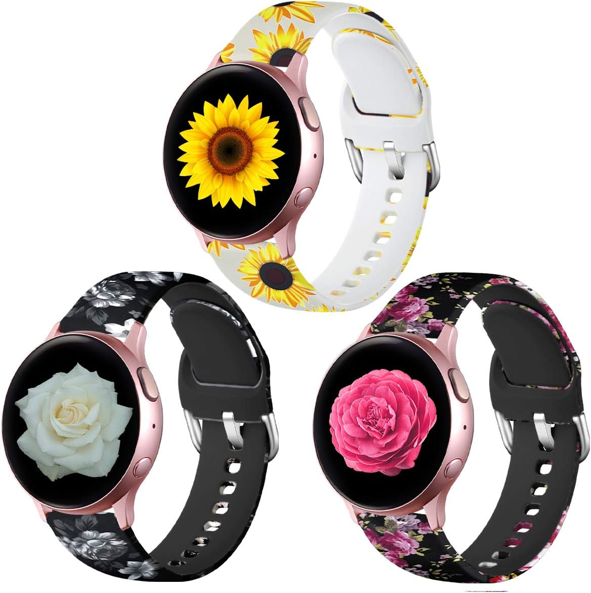 Lerobo Compatible with Samsung Galaxy Watch Active 2 40mm 44mm/ Active/Galaxy Watch 42mm, 20mm Soft Silicone Replacement Bands for Smartwatch Active 2/1 3Pack Sunflowers/Gray Flower/Pink Flower