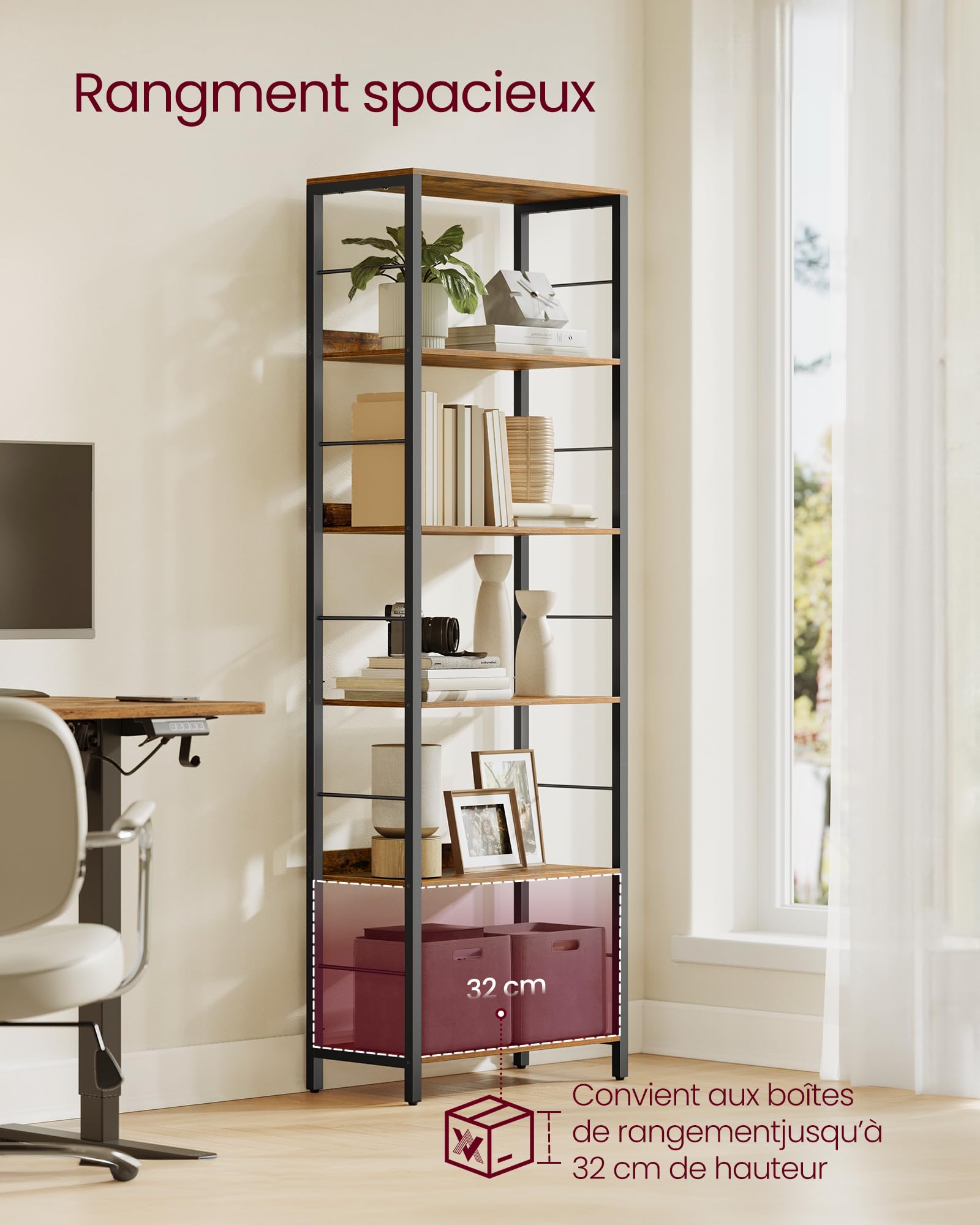 VASAGLE Étagère sur 6 Niveaux, Bibliothèque, Meuble de Rangement, 30 x 60 x 178 cm, avec Panneaux Arrière, Style Industriel, pour Salon, Étude, Bureau, Marron Rustique et Noir d'encre LLS118B01