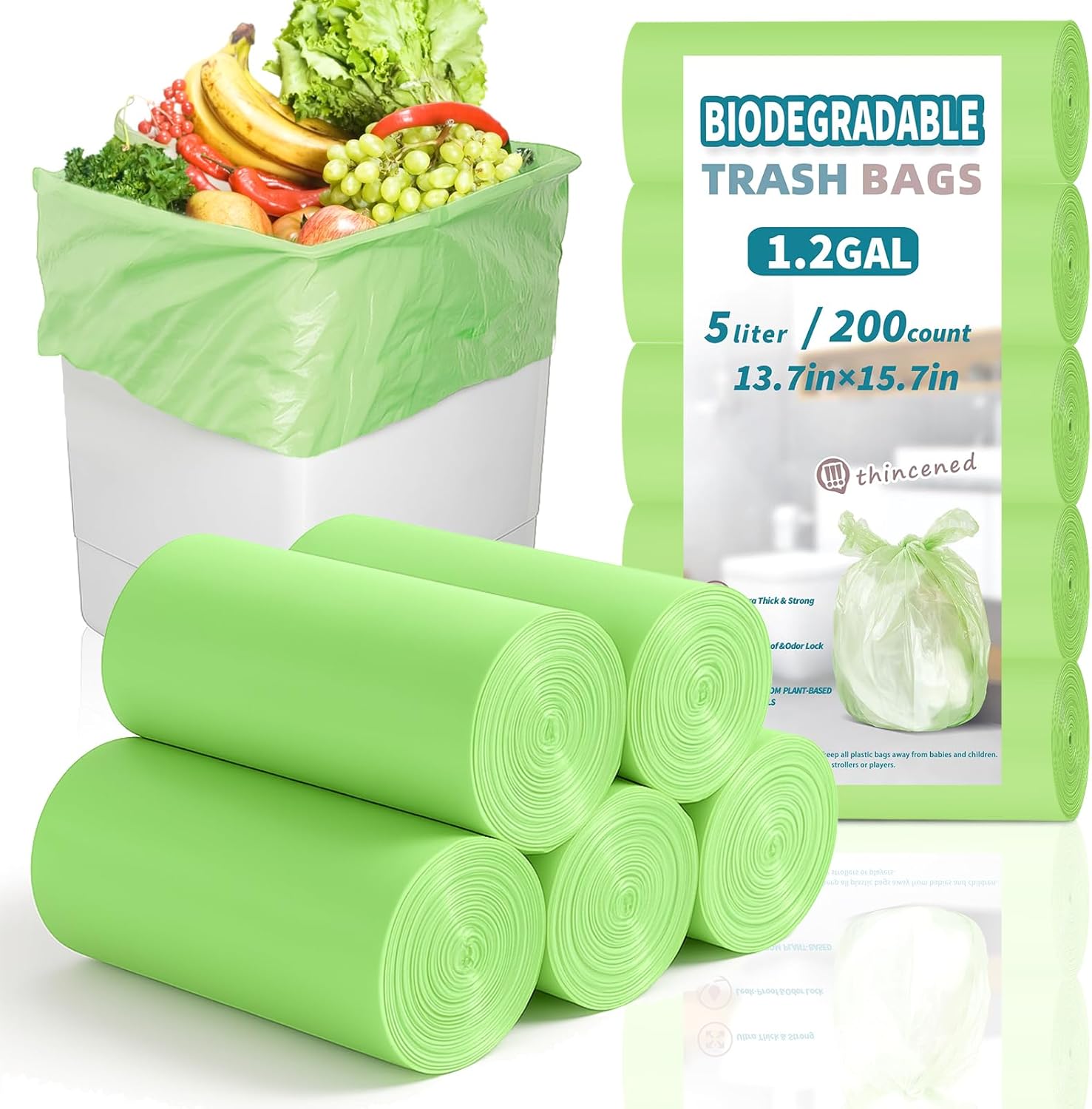 Compost Bags 5 L Small Biodegradable Garbage Bags 200 Count 1.2 Gallon Trash Bags for Kitchen Countertop/Office Mini Bins & Green Bin Compostable Bags