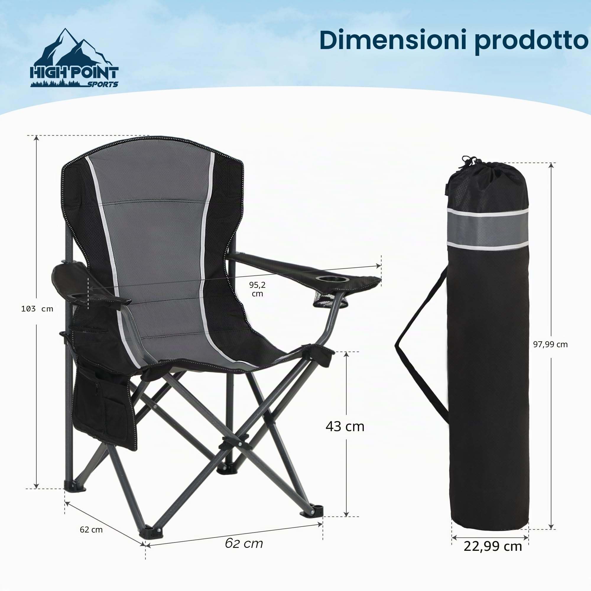HIGH POINT SPORTS Sedia Pieghevole da Campeggio Nero-Grigio 160KG Sedia da Campo Portatile e Resistente con Portabicchieri Sedia da Pesca