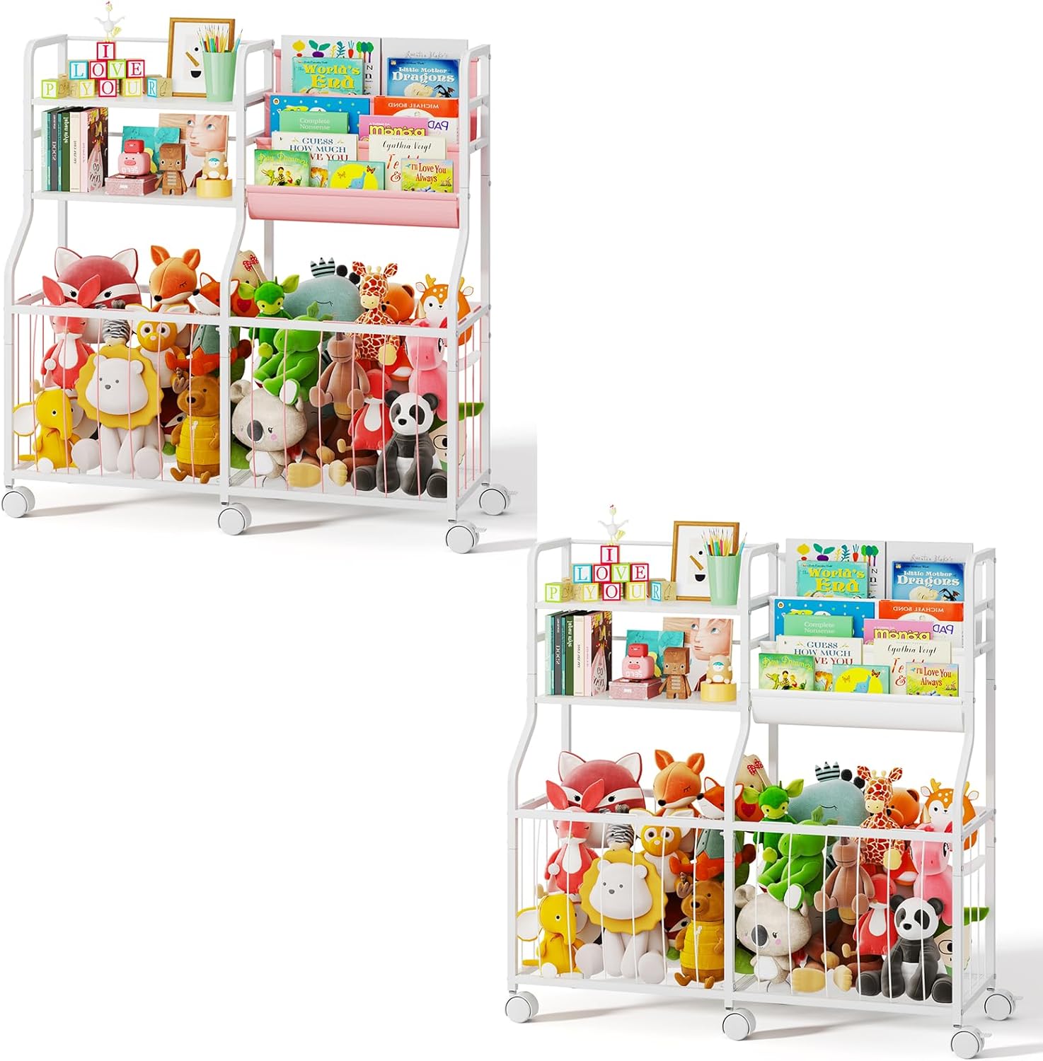 BBLIKE Stuffed Animal Storage Organizer - Rolling Kids Bookshelf and Toy Storage with 3 Tiered Book Display and Toy Chest - Rolling Furniture for Kids Room, Playroom, Bedroom, Nursery, White & Pink