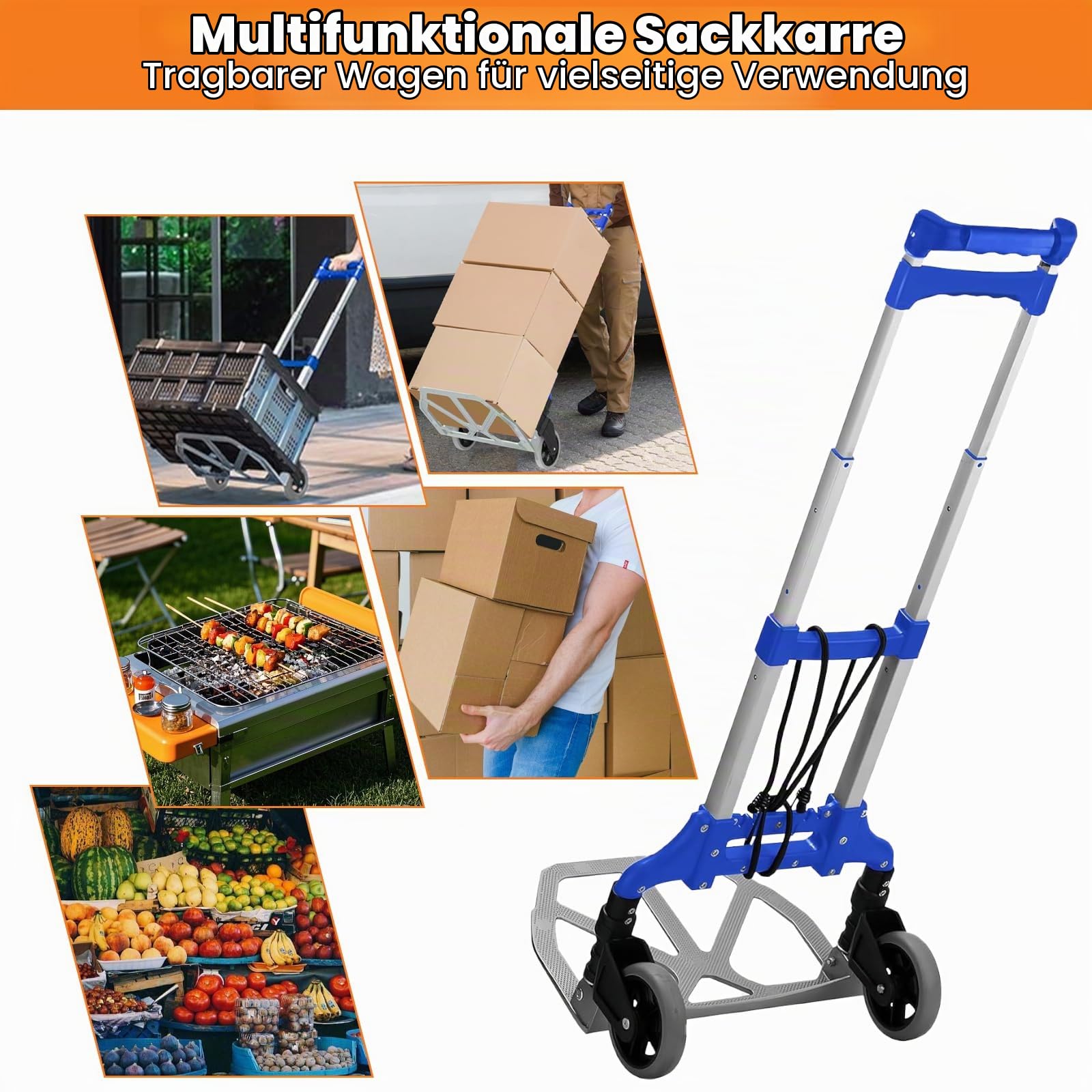 MAXBROTHERS Sackkarre klappbar-Einkaufstrolley-Extra Long Telescopic Handle 100 cm-rutschfeste Ladefläche-1 Expanderseilen-165 pund Tragkraft- 2 TPR-Räder