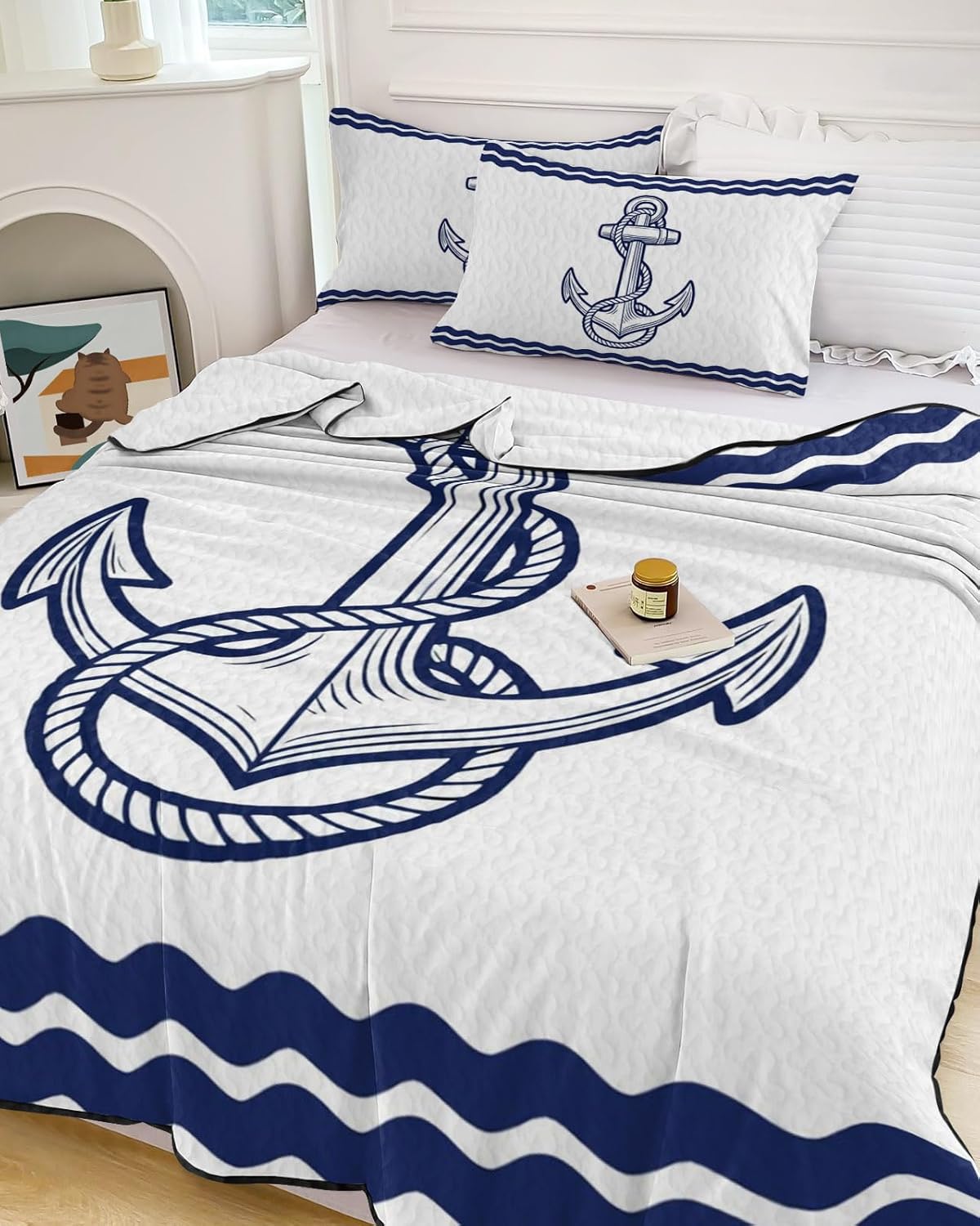 Full Size Quilt Set, Coastal Nautical Anchor String Lightweight Bedspread Coverlet Set Soft Microfiber Summer Quilt with 2 Pillow Shams, Ocean Navy Blue Stripe Sea Wave 3 Piece Comforter Bedding Set