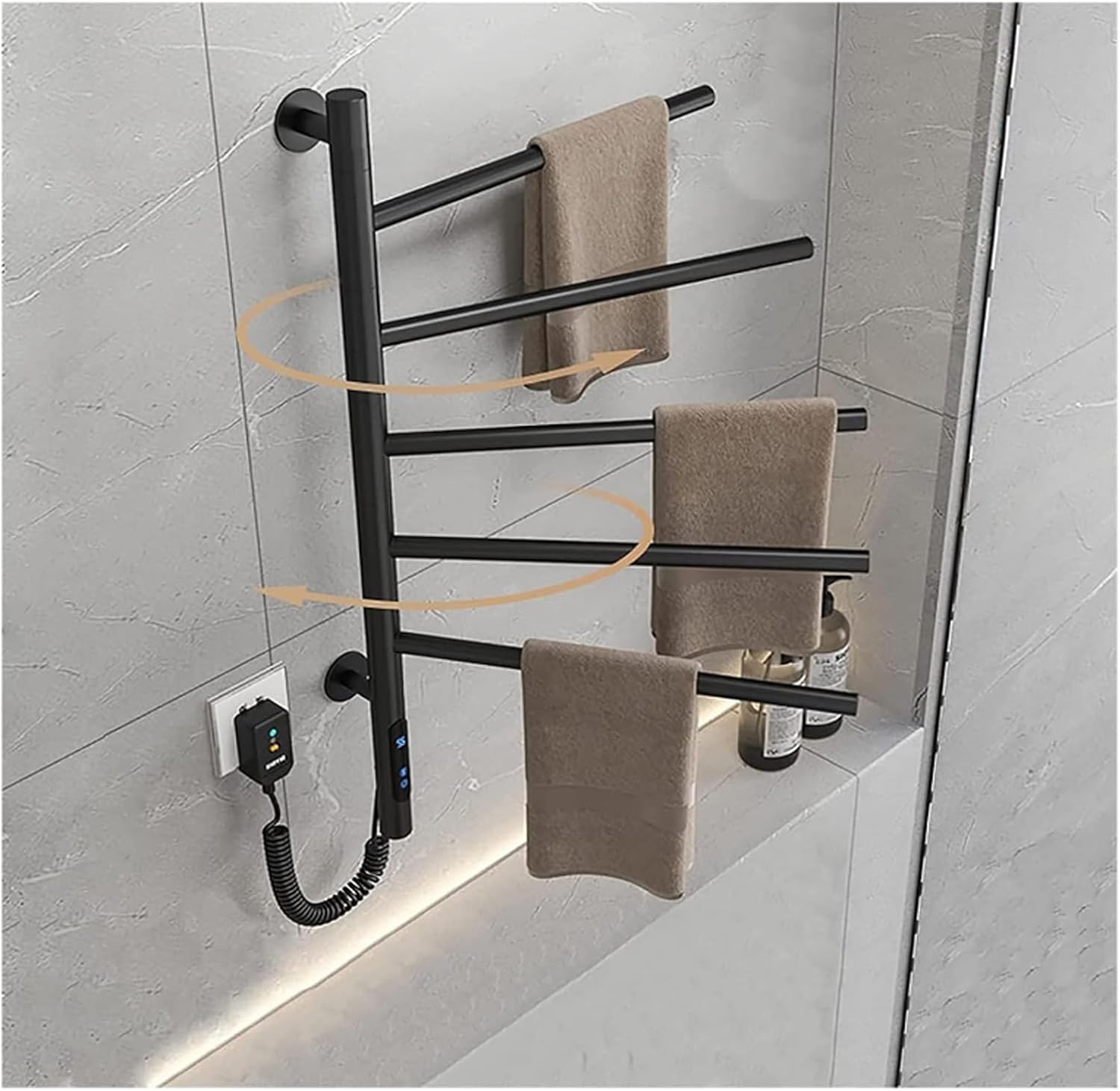 Rotatable Towel Rack Heated,Wall Mounted Electric Heated Towel Warmer Rack with Timer 1-9h 5 Bars 85w Thermostatic Swivel Towel Drying Rack Towel Dryer Rack Heated (Grey 110V)