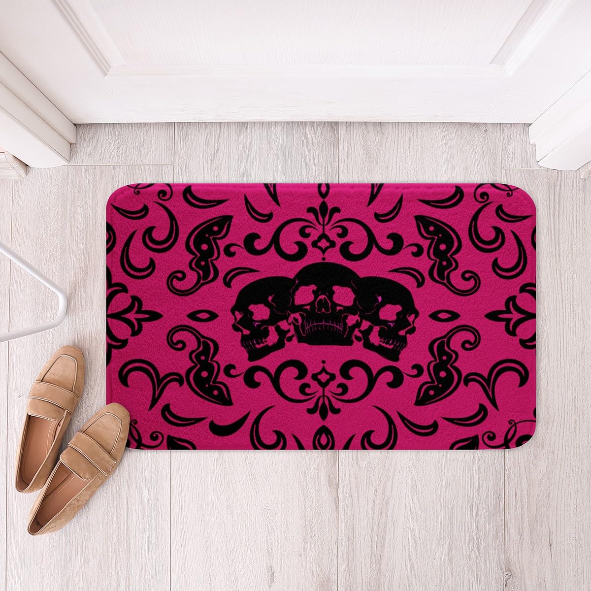Erosebridal Halloween Skull Bath Mat Non Slip for Girls 20"X32" Retro Baroque Damask Gothic Bathroom Rug Halloween Hot Pink Black Skeleton Goth Door