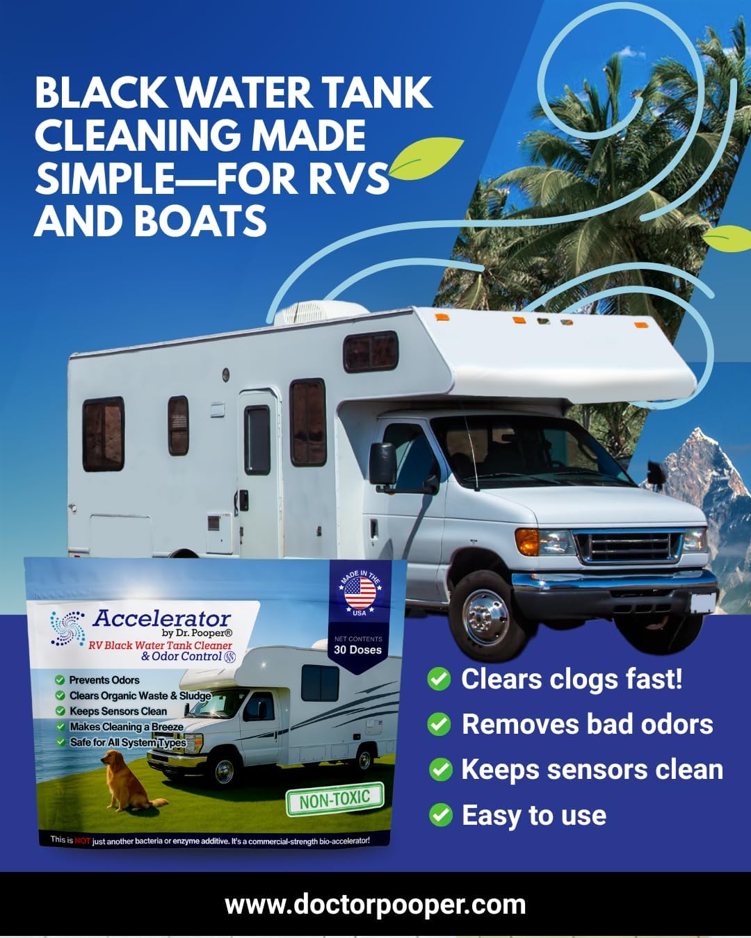 RV Black Water Tank Cleaner by Dr. Pooper, Clears Sludge, Waste, and Odors from RV Tanks