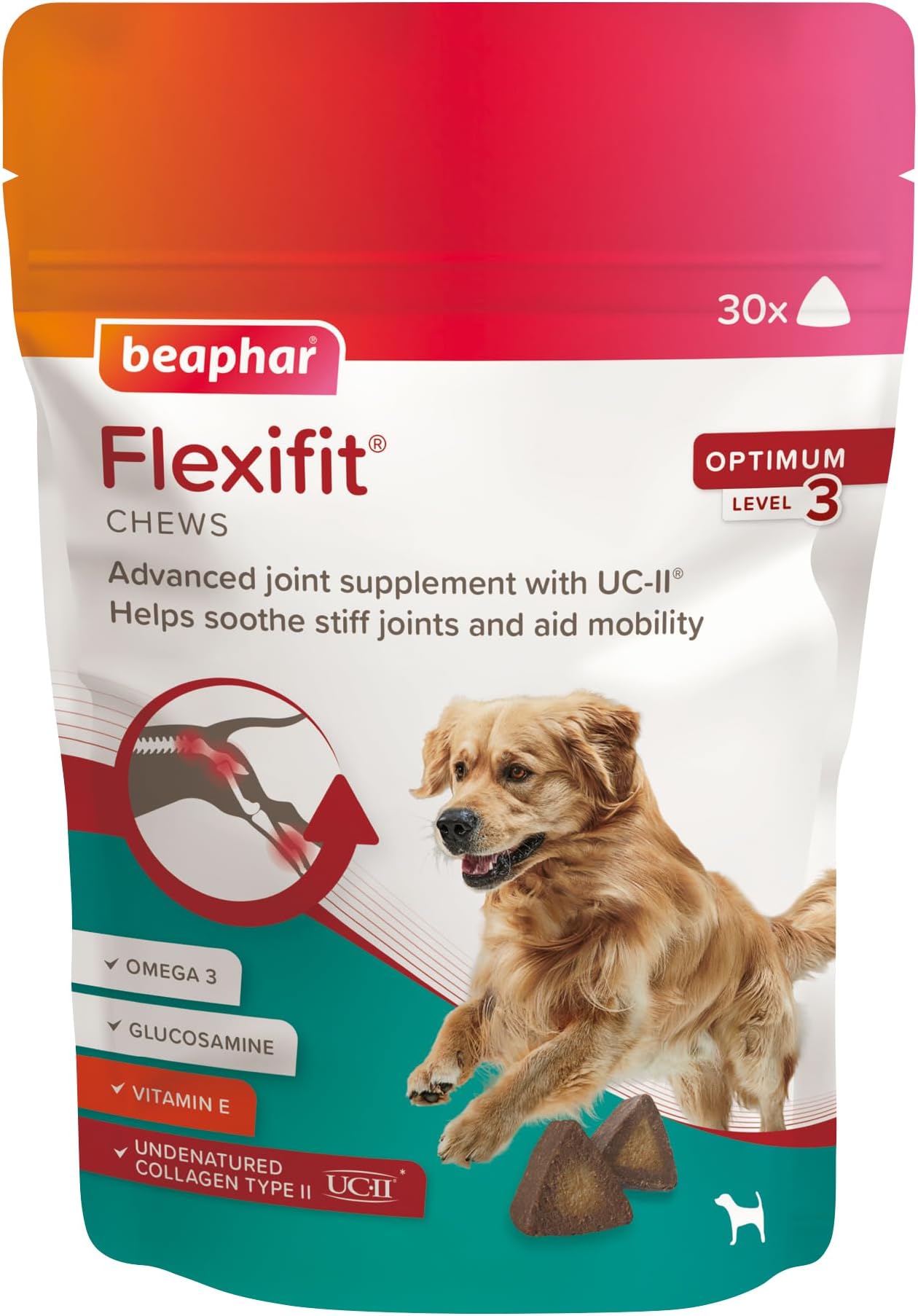 Flexifit® Optimum UC-II Joint Supplement, For Stiff or Older Dogs, Helps Soothe Stiff Joints & Aid Mobility, Contains Undenatured Collagen Type II, Glucosamine, Omega, One A Day Chew x 30