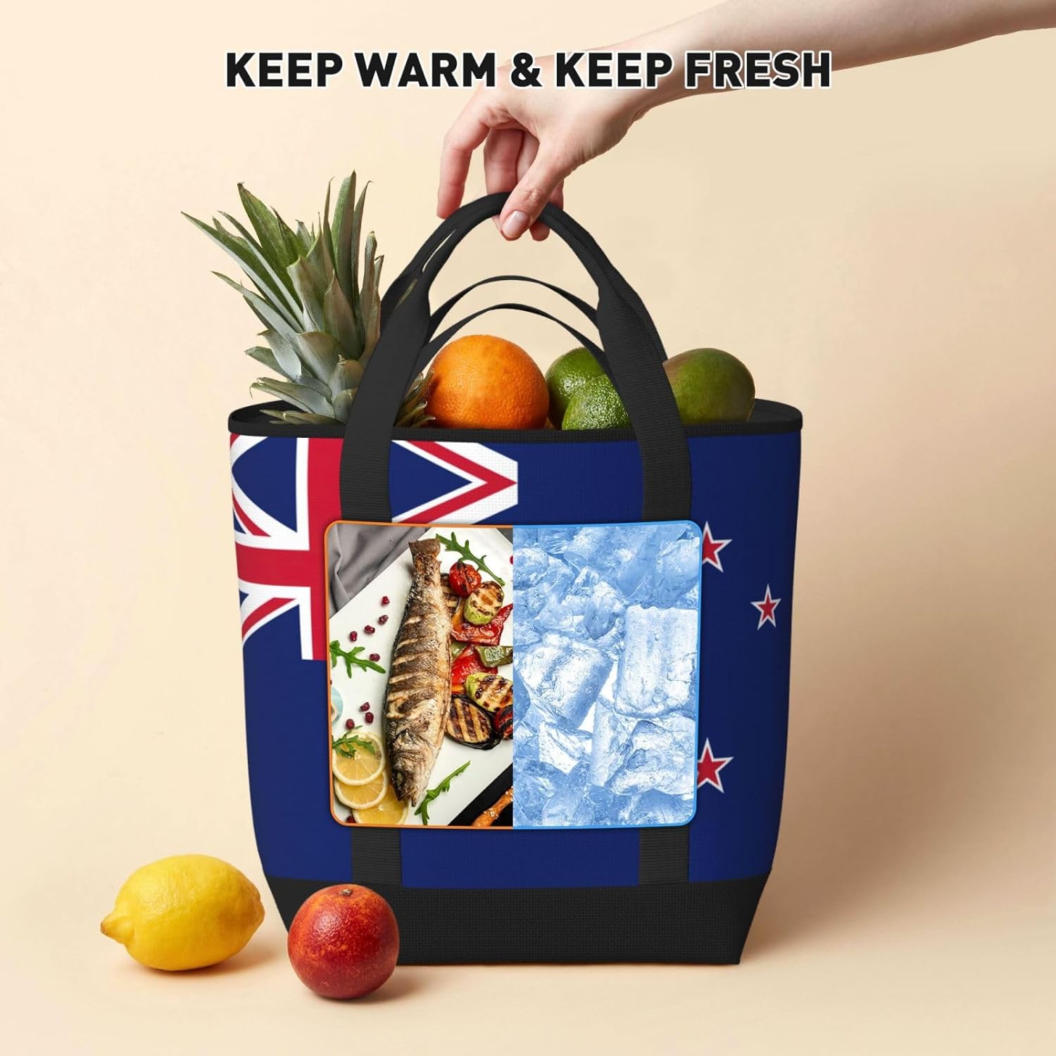 New Zealand Flag Print Large Cooler Bag Tote Bag,Reusable Grocery Bag,Lunch Box Bag, For Picnic Beach Camping
