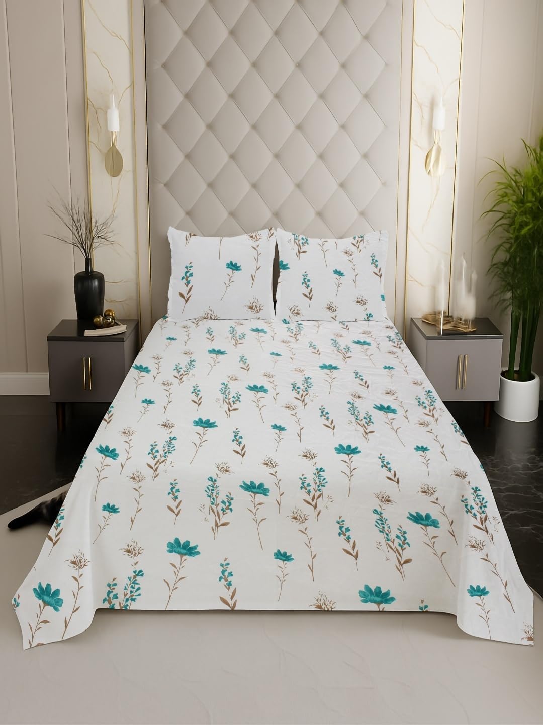 Queen Size Flat Bedsheet with 2 Pillow Covers | 200 TC | 100% Cotton | Floral Design | Ultrasoft | Breathable | Wrinkle Free | Blue | 222 x 244 CM