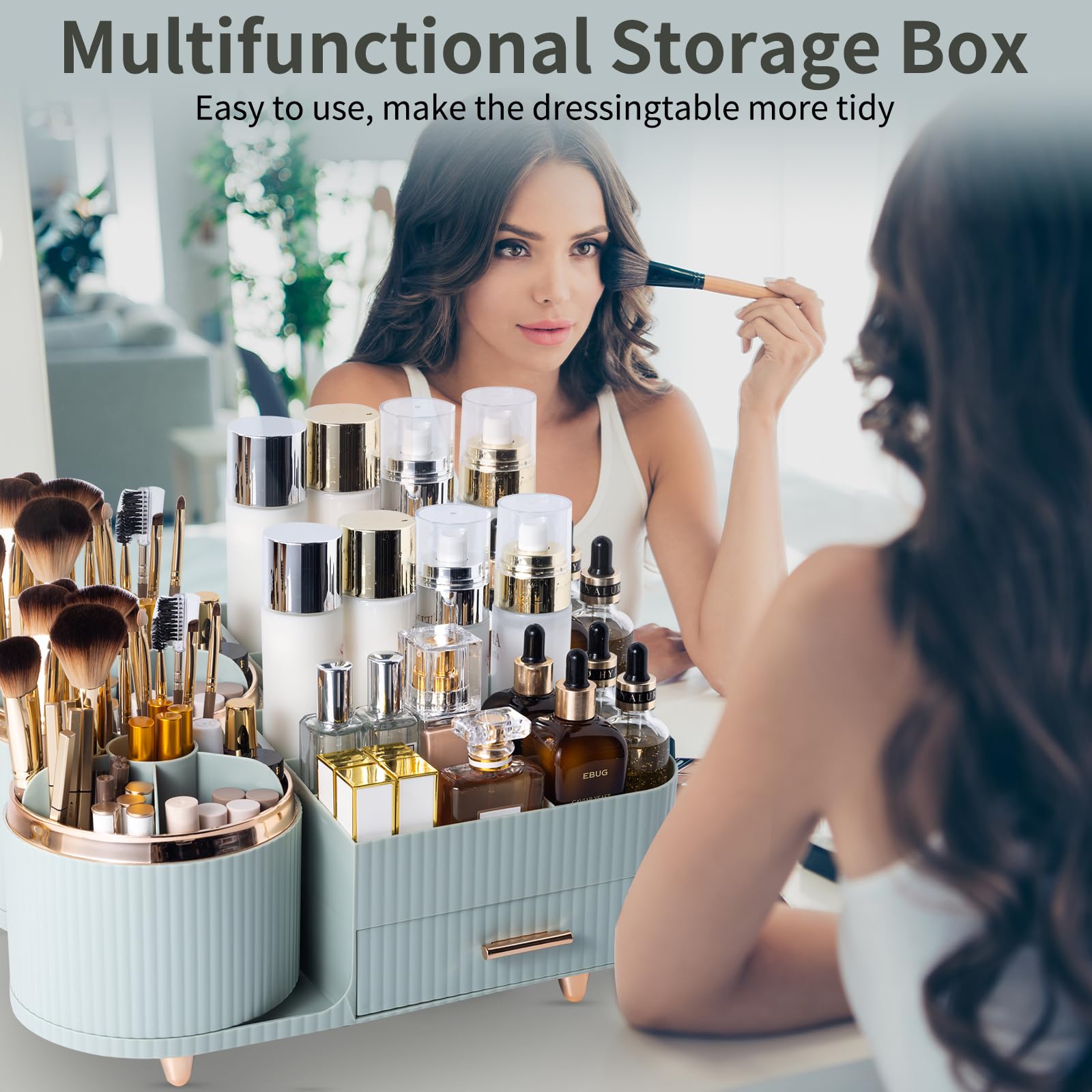 Bemgue Makeup Organizer for Vanity, 360° Rotating Countertop Makeup Organizer with Brush Holder, Large Capacity for Cosmetics, Skincare, Perfumes -Green