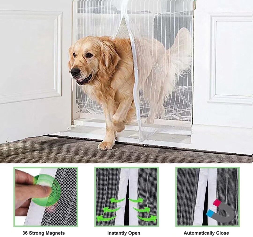 White Magnetic Screen Door for Sliding Door, Self Sealing Heavy Duty Hands Free Mesh Screen Door with Magnets Screens Door Curtain French Doors Fit Door Size 34 X 82 inch, Screen Size 36x84inch