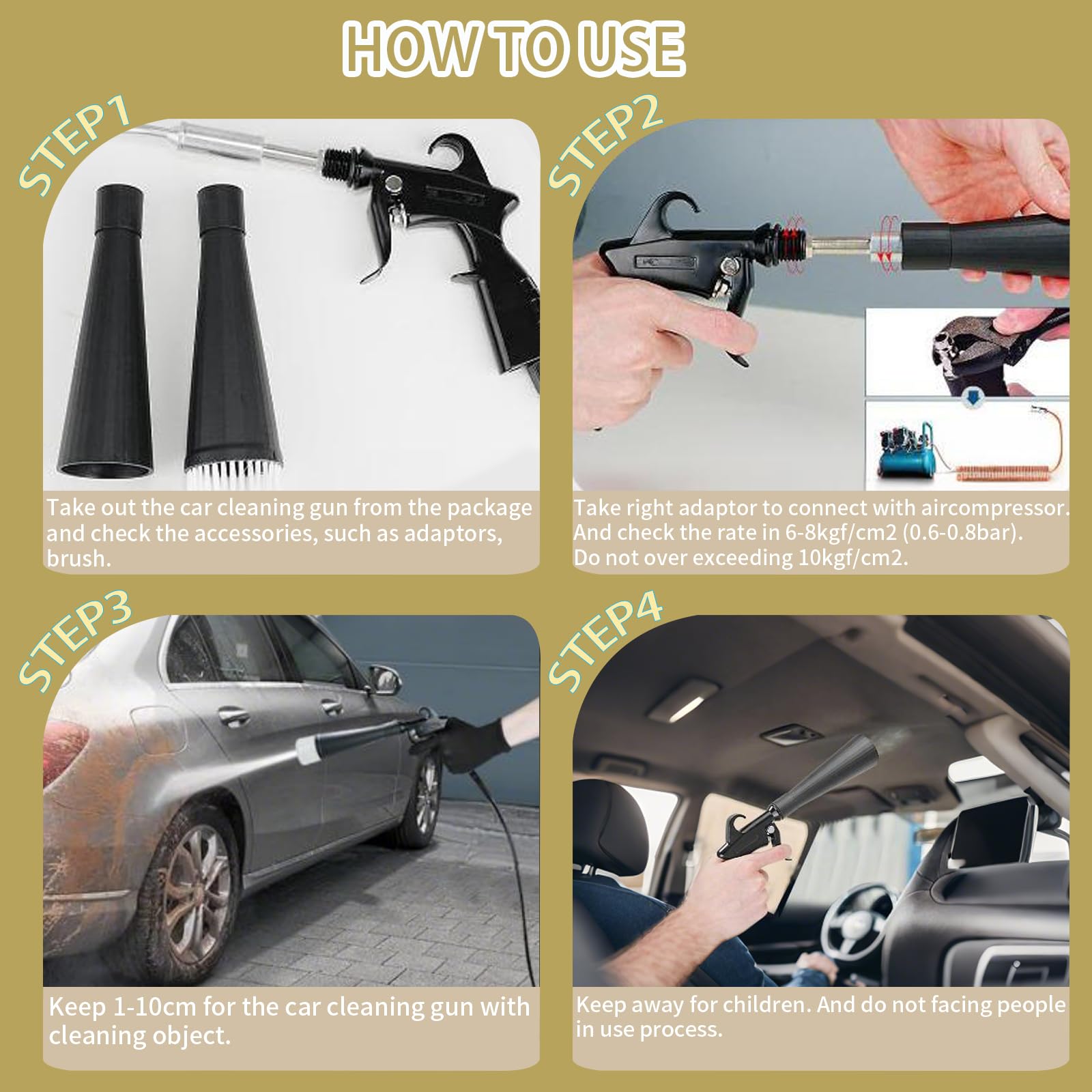 Pistolet do czyszczenia samochodu, pistolet do suszenia wnętrza z 2 dyszami, z 5 szczotkami, szybkie wydmuchiwanie brudu i kurzu z przepływem powietrza, pneumatyczny odpylacz do czyszczenia dywanów
