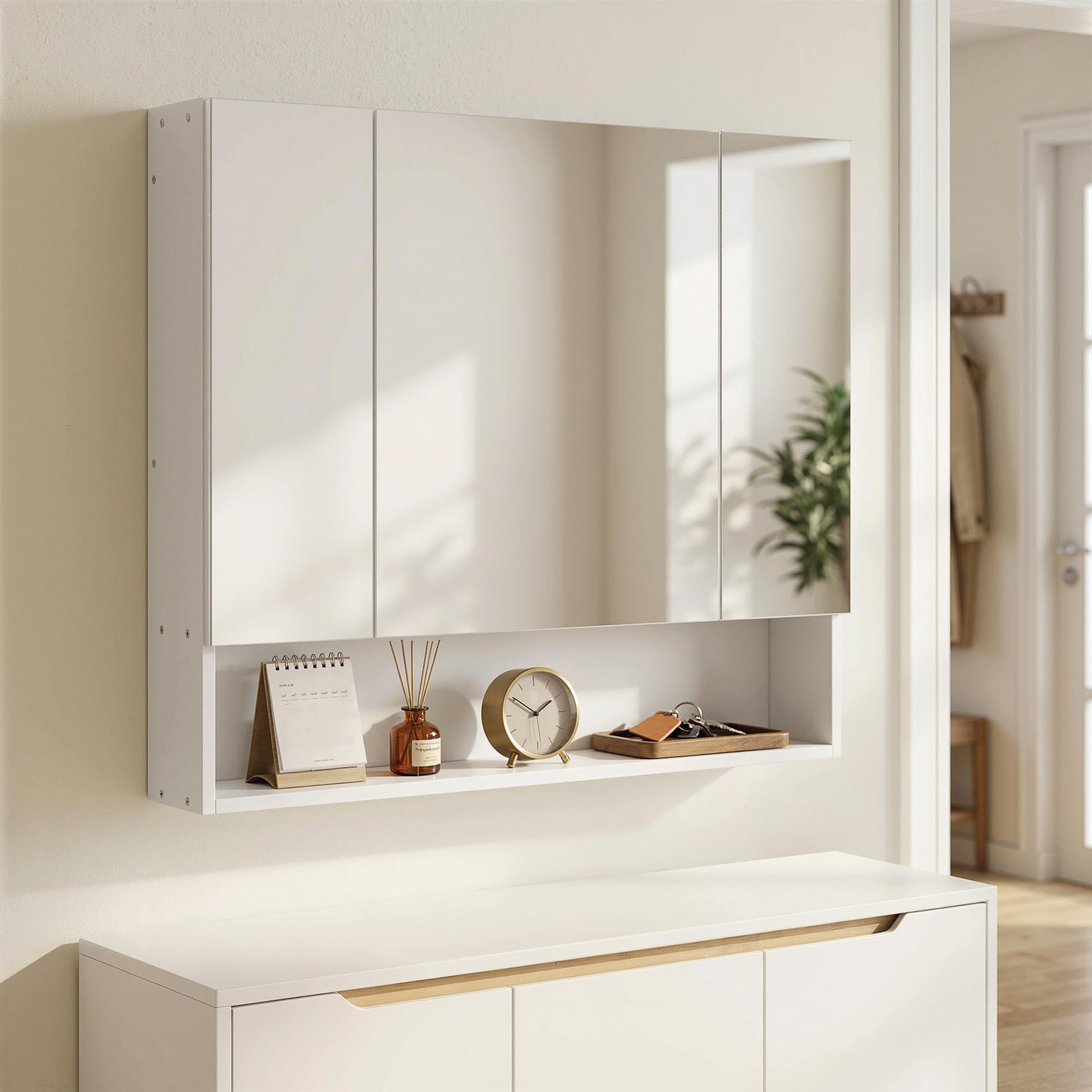 kleankin Armoire Murale Salle de Bain avec Miroir, 90 x 15 x 75 cm, Meuble Salle de Bain, Armoire de Toilette avec 3 Portes Miroir, Compartiment Ouvert et étagères réglables, Blanc