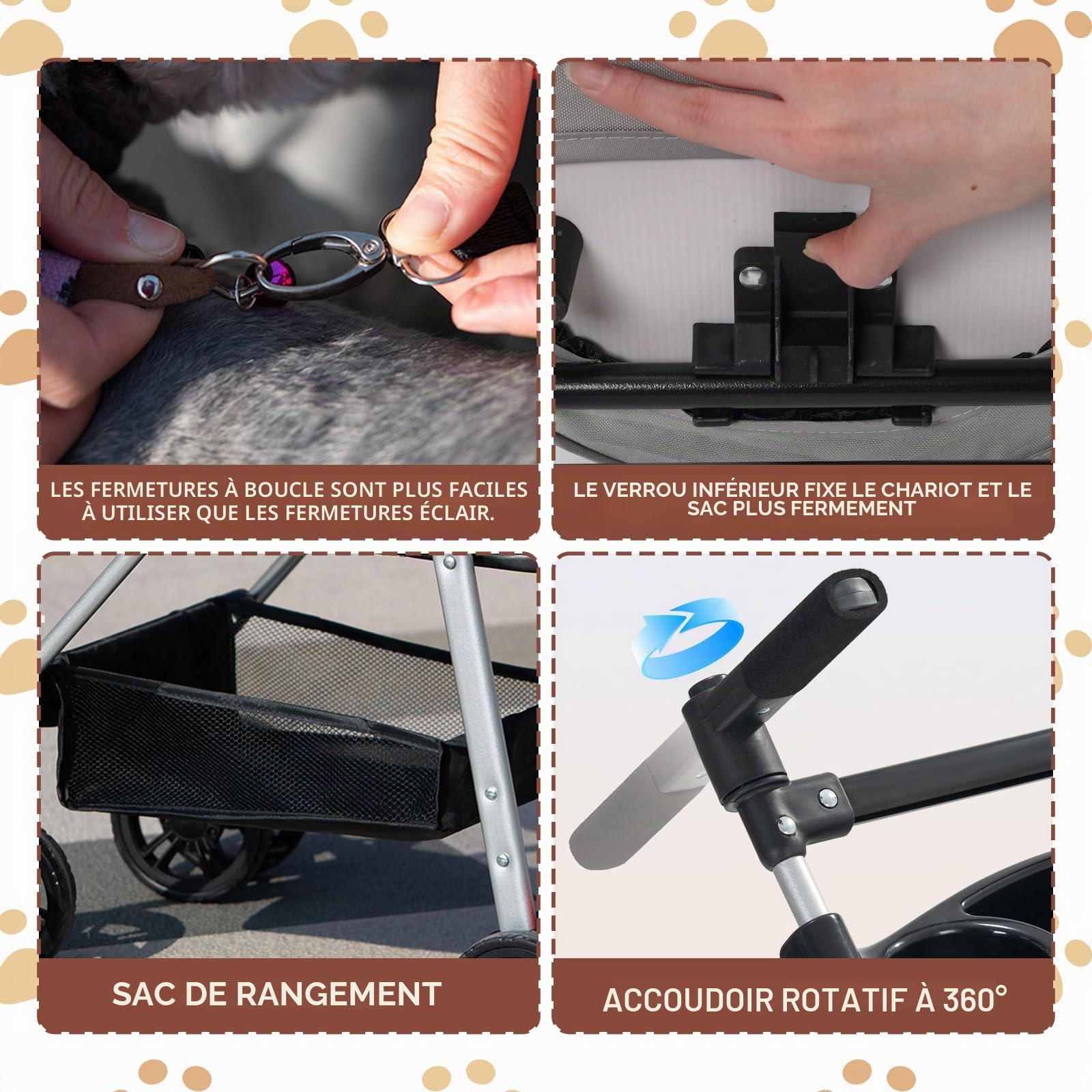 Poussette pour Chien 3-en-1, Poussette pour Chien Pliable Petits Chiens et Chats jusqu'à 20 kg, Roues Résistant à l'Usure à 360°, Animaux Sac de Transport Pliable (Gery)