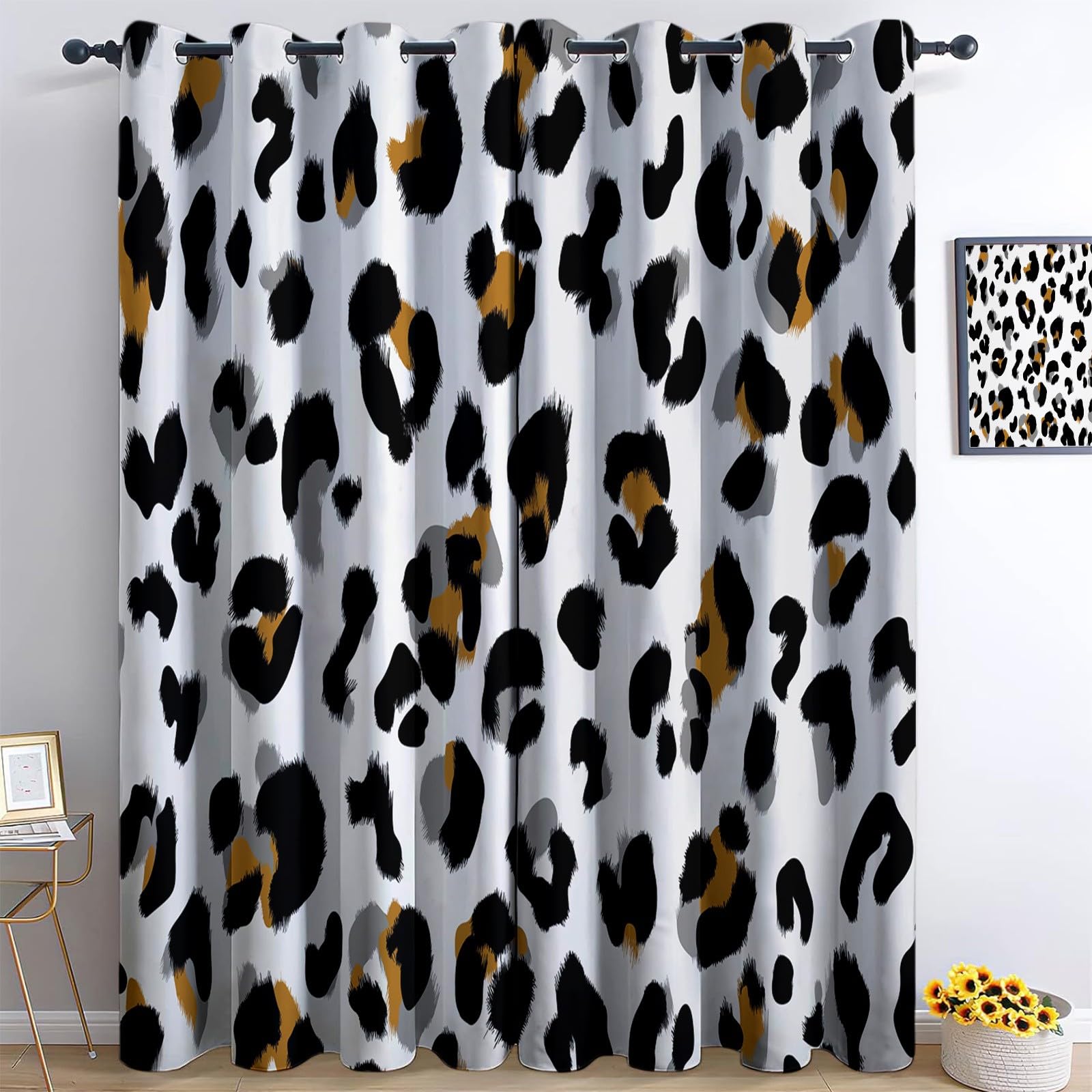 Verdunklungsvorhänge Punkte Wild Kinderzimmer Vorhänge Blickdicht, Weiß Thermovorhang mit Ösen, für Schlafzimmer Fenster & Balkon Modisch Tiermuster - 110 x 215 cm (2er Set)
