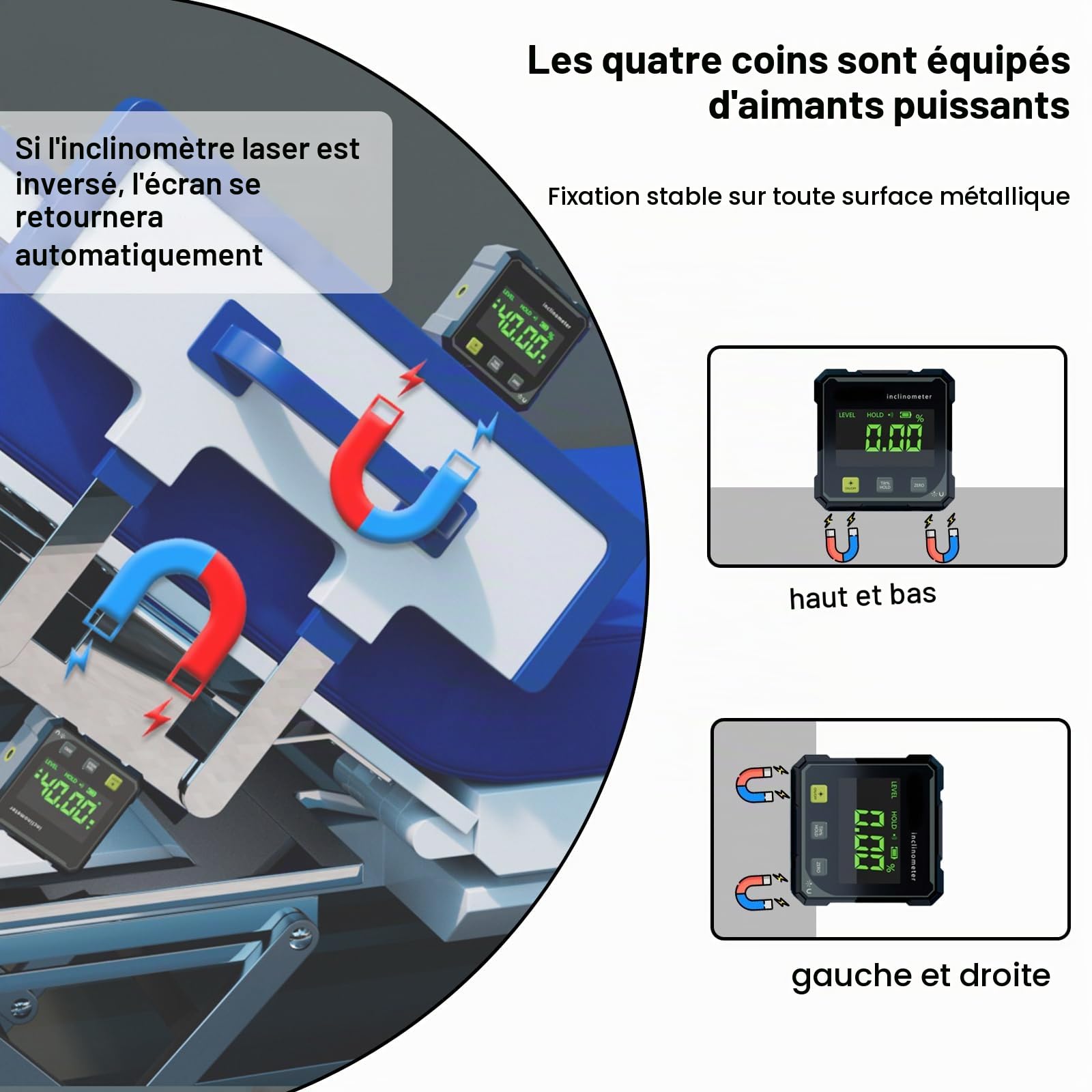 Rapporteur à 4 côtés magnétique puissant, Inclinometre d'angle numérique | 0 à 360° niveau numérique avec affichage LED, IP54 Boîte de Niveau étanche Boîte pour menuiserie, bâtiment, maçonnerie