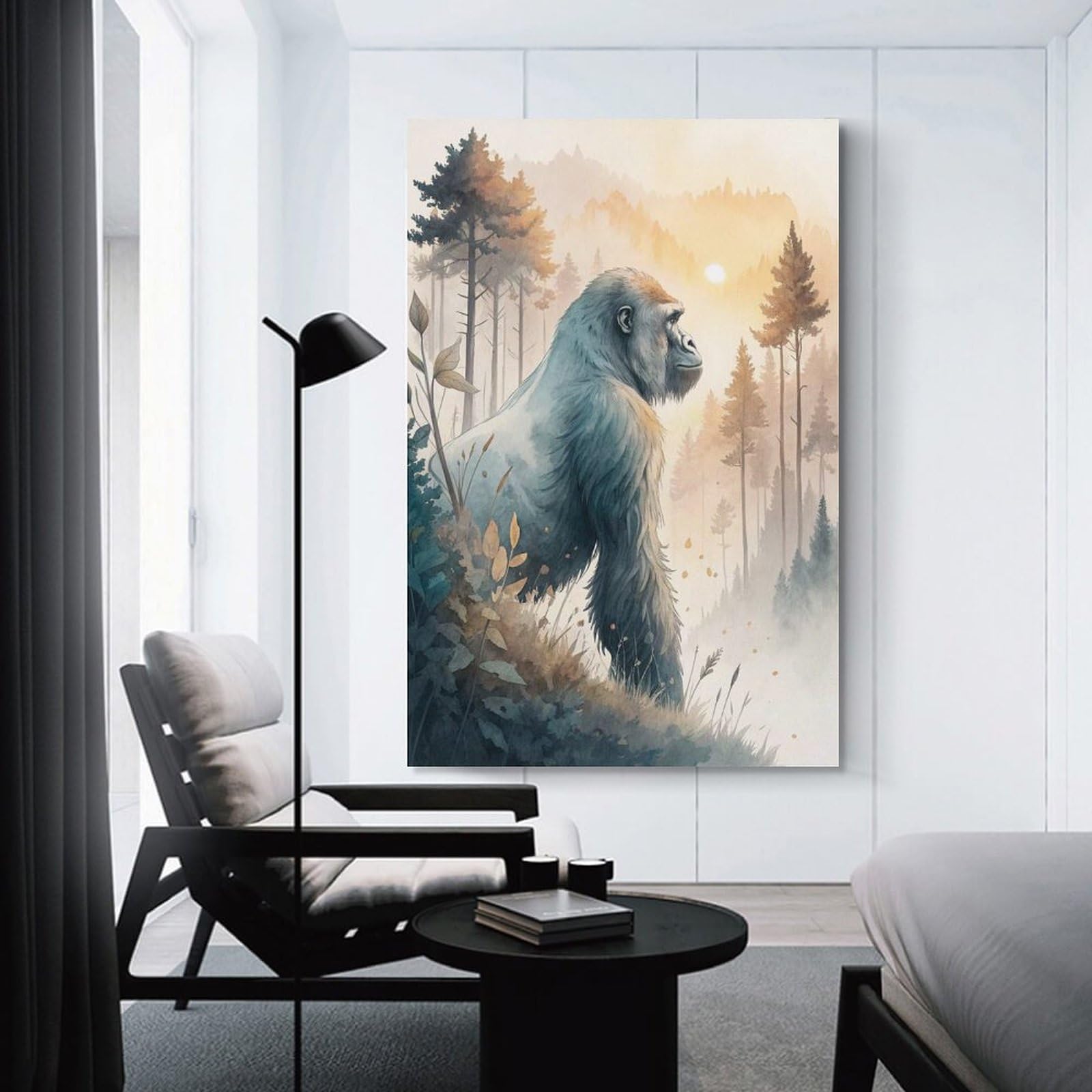 Junmoney Gorilla in A Misty Forest at Sunrise Home Decor Wall Art, 20x30inch(50x75cm), for Wall Displays, Bedrooms Or Room Updates, Ideal for Building A Coordinated Art Wall