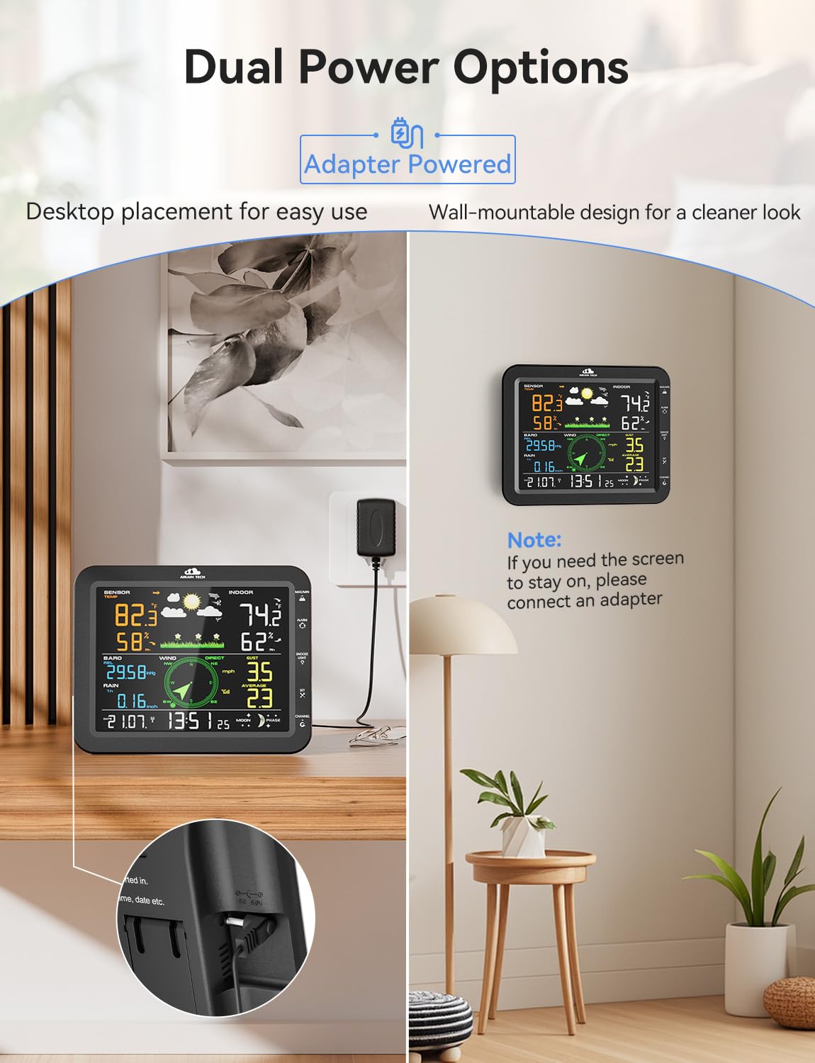 10-in-1 Wireless Weather Station with Outdoor Wireless Sensor,Radio Controlled Clock,Rain Gauge,Wind Speed/Direction,Moon Phase, Barometer,Temperature/Humidity,Weather Forecast (NO WiFi) - Image 4